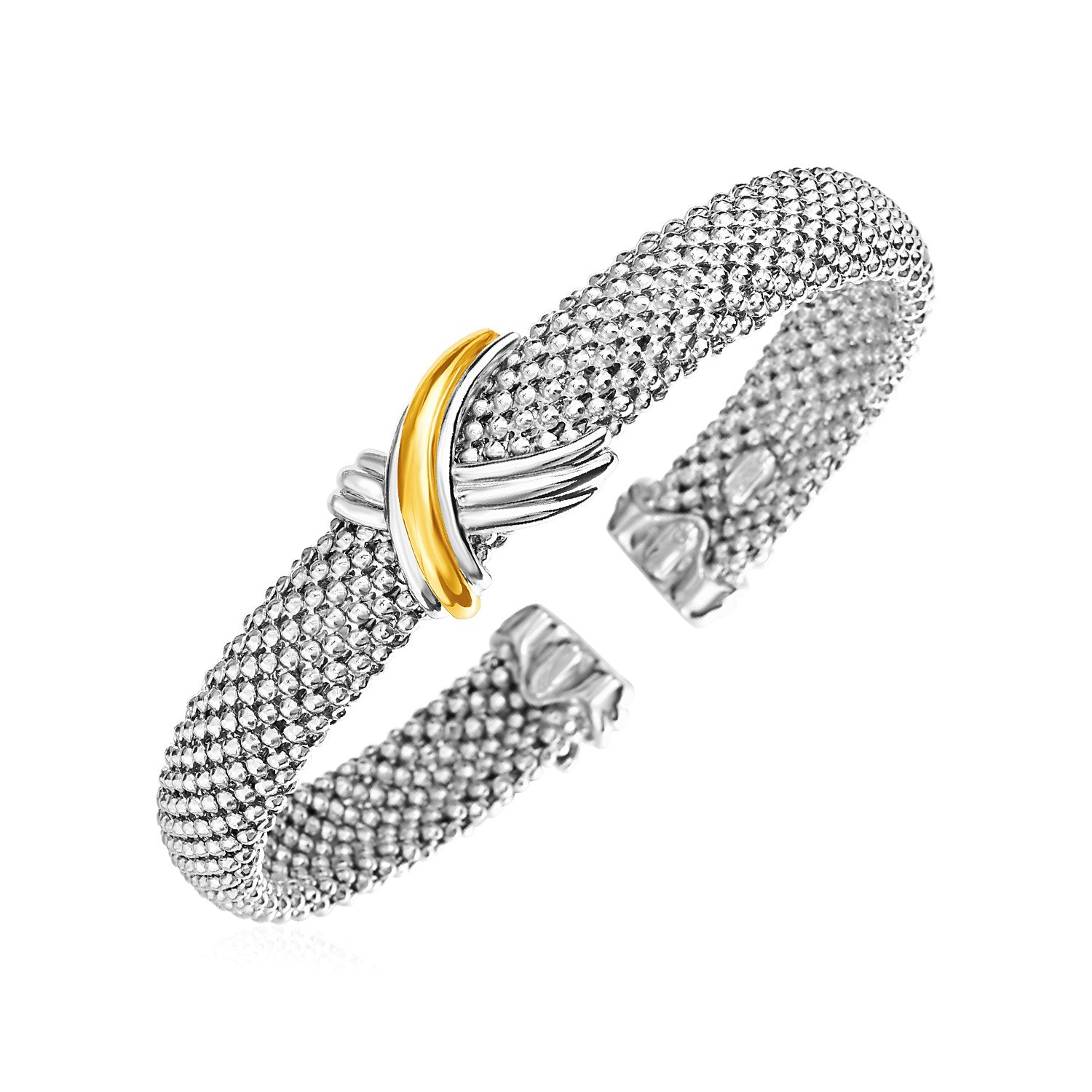 Popcorn Texture Cuff Bangle with X Motif in Sterling Silver and 18k Yellow Gold (10.00 mm)