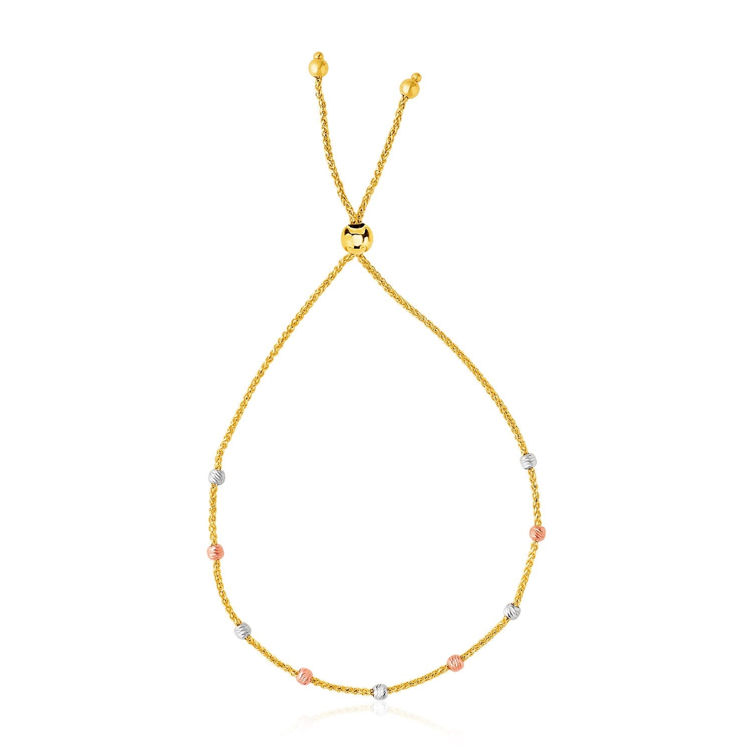 14k Tri-Color Gold Textured Bead Station Lariat Bracelet (5.00 mm)