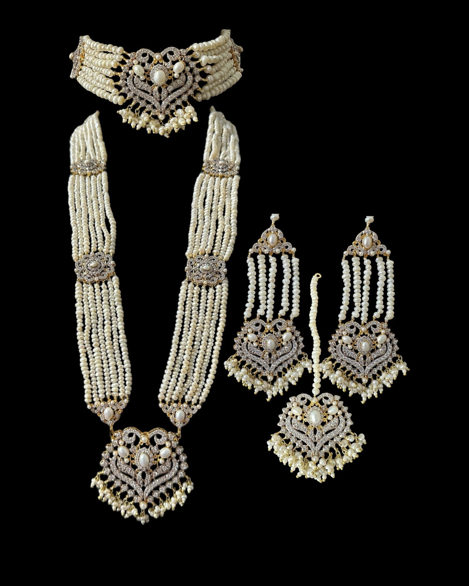 BR464 RAABYA fresh water pearl bridal choker Rani haar set with earrings tika ( READY TO SHIP )