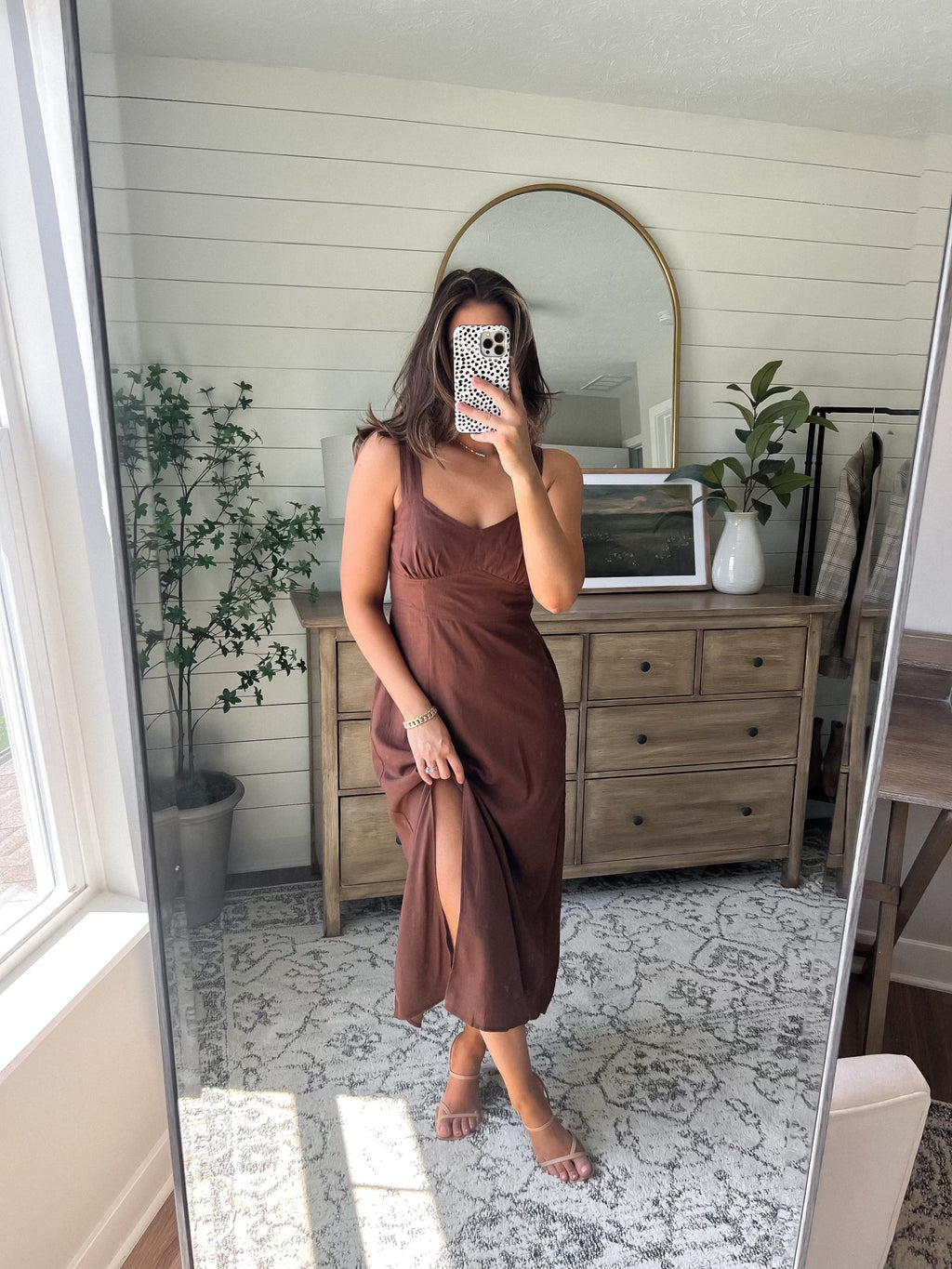 Brown V Neck Linen Midi Dress