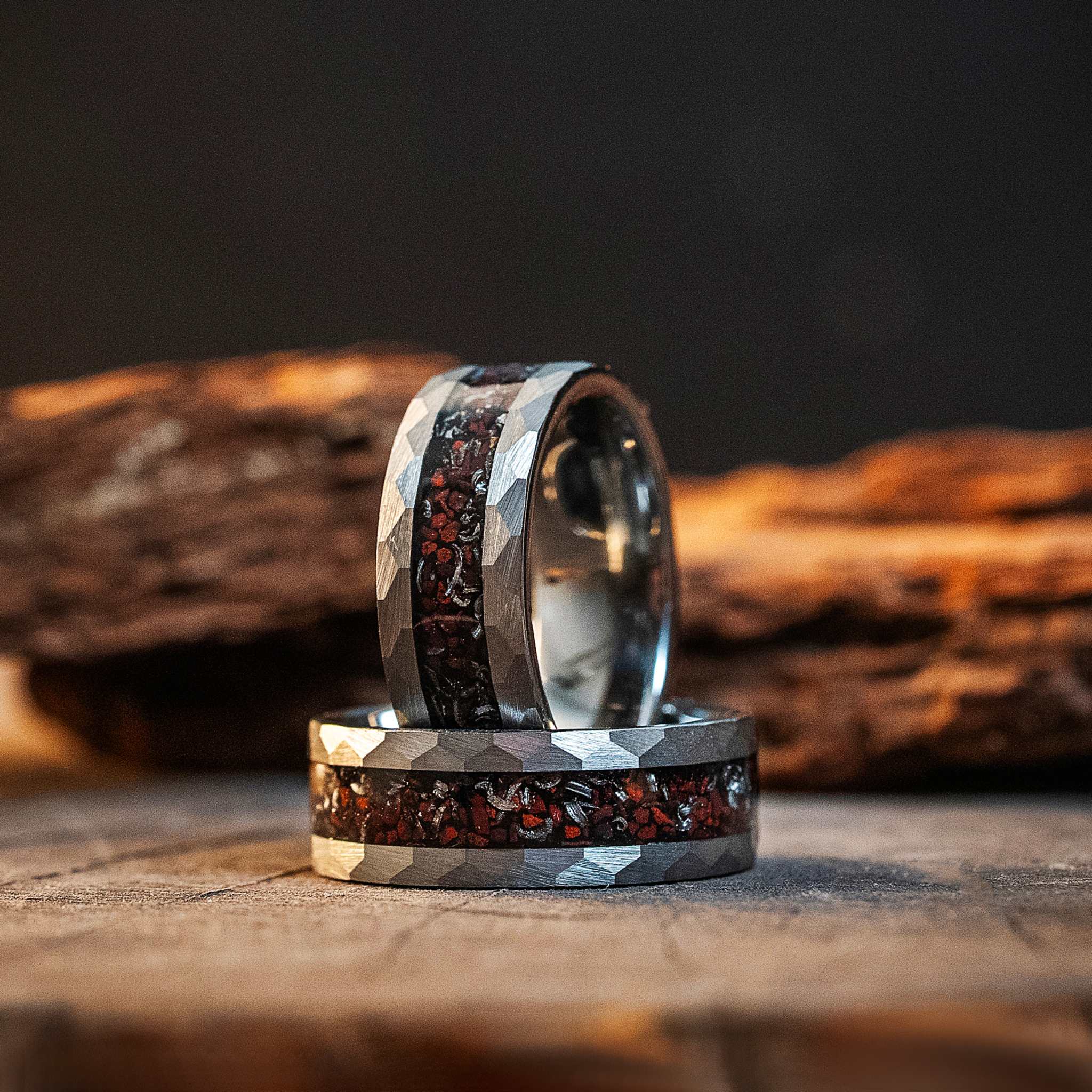 Dinosaur Bones &amp;amp; Meteorite Silver Hammered Tungsten Carbide Ring