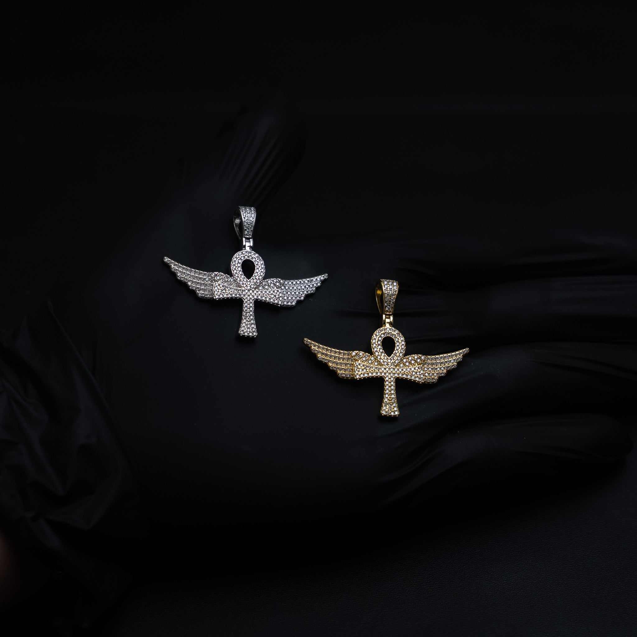 Angel Wings Ankh Cross Moissanite 925 Sterling Silver Pendant