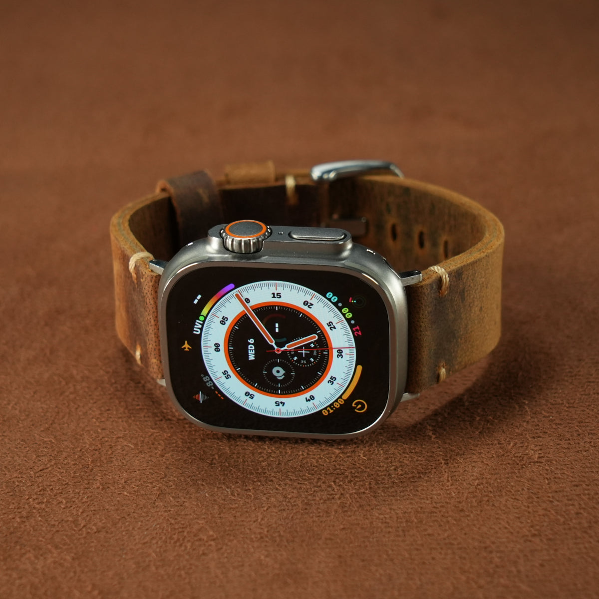 Vintage Distressed Leather Band for Apple Watch Series 10 – 100% Cowhide, One-Piece Hand-Stitched, Patina-Ready