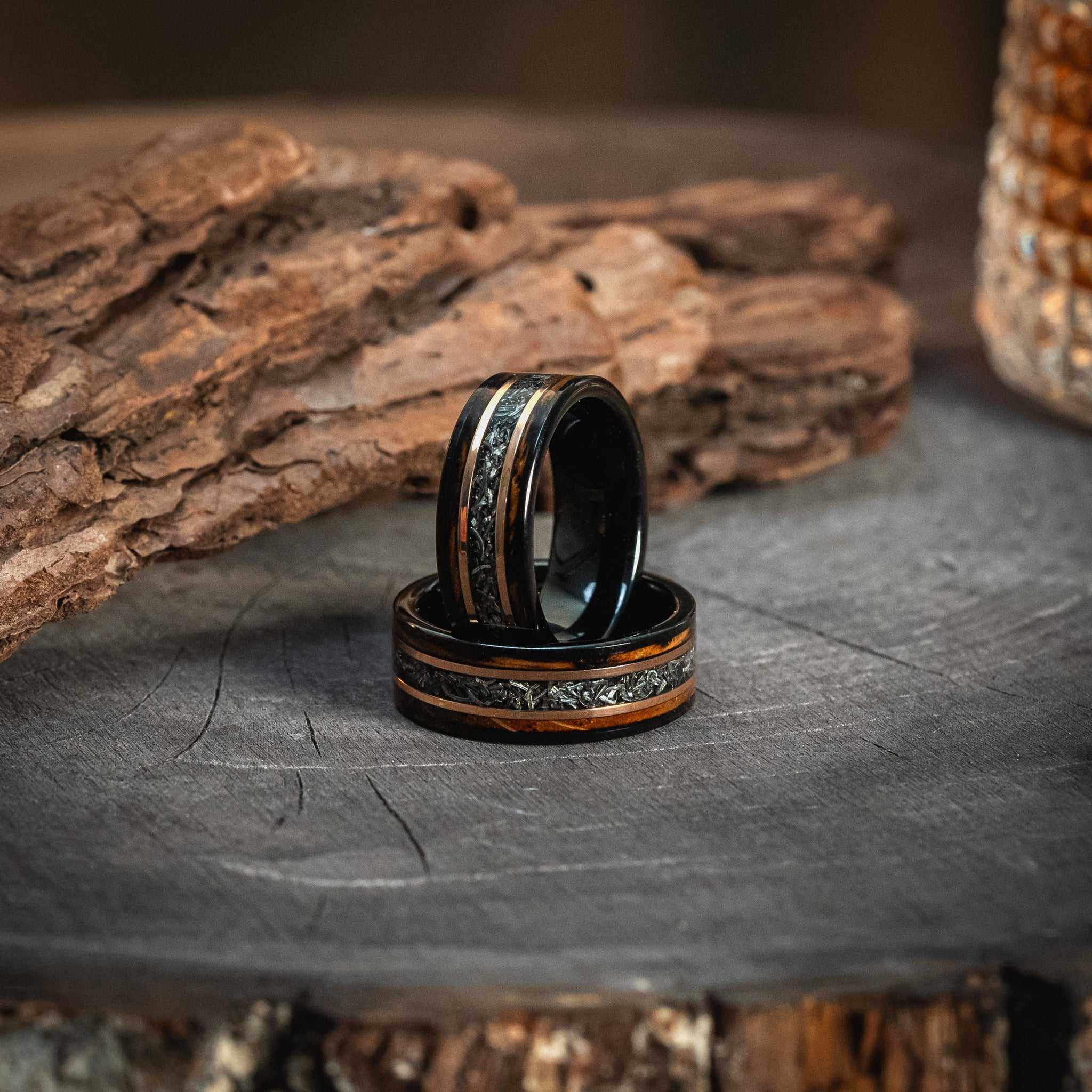 Meteorite x Burnt Whiskey Barrel Wood Black Tungsten Ring