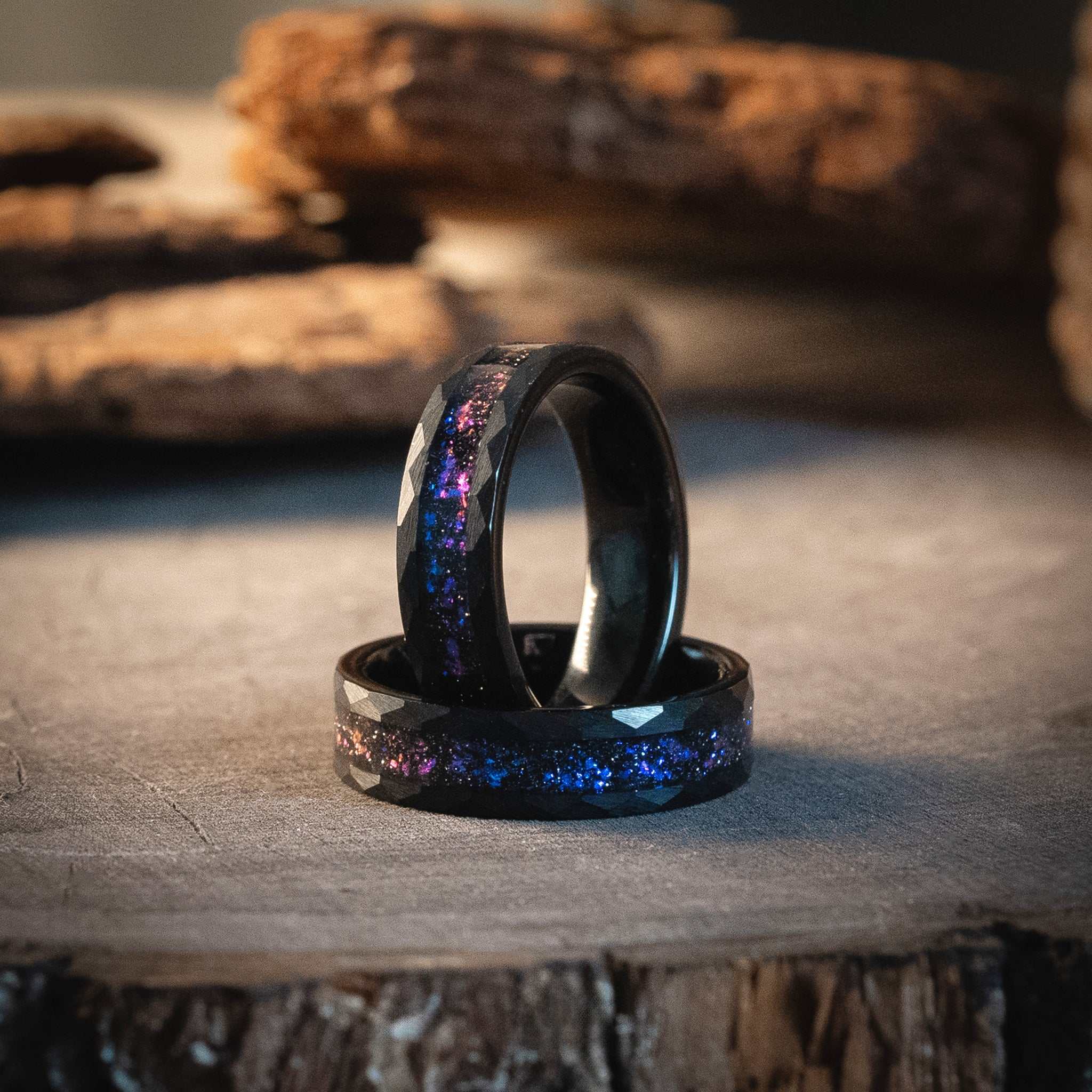 Hammered Black Nebula Meteorite x Galaxy Blue Sandstone Ring - 6mm