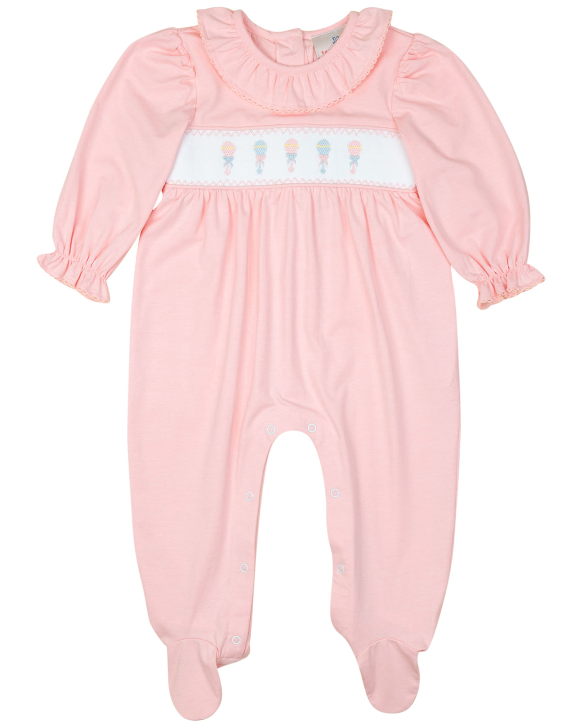 Baby Rattle Smocked Knit Onesie In Pink