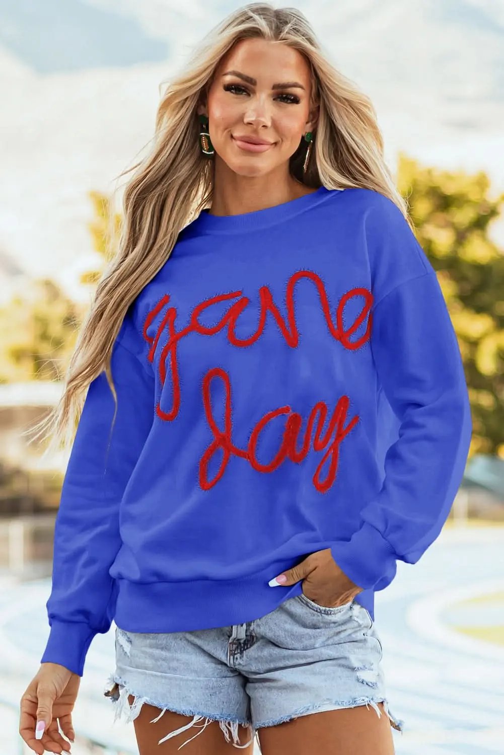 Love Salve Blue Graphic Sweatshirt Game Day Women&amp;#39;s Drop Shoulder Pullover - Comfy &amp;amp; Casual