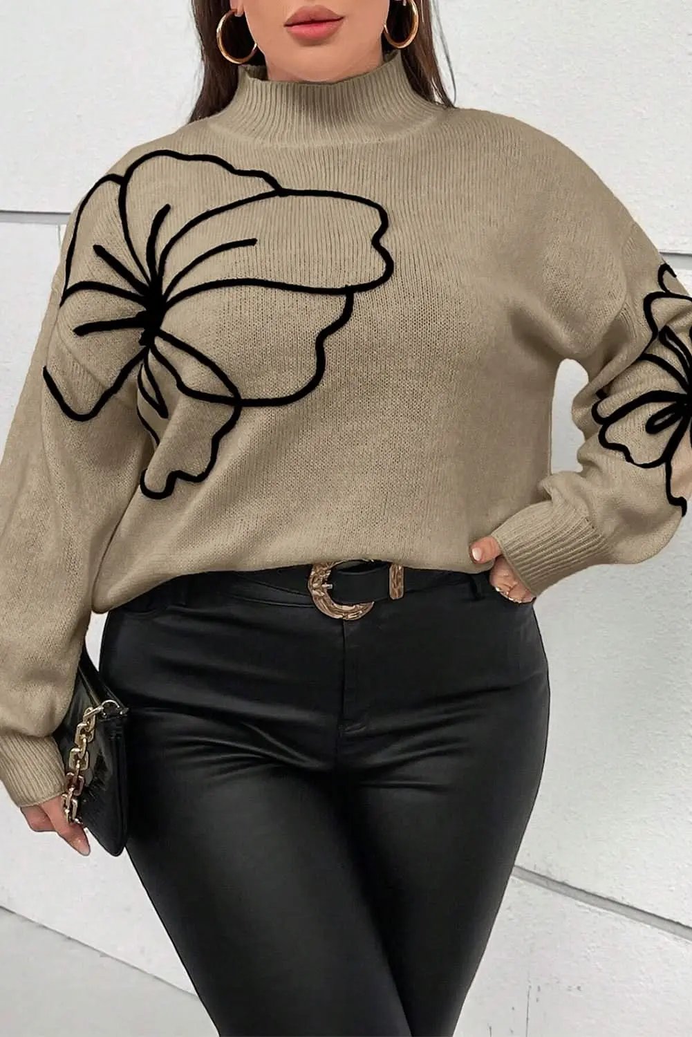 Love Salve Khaki Floral Plus Size Women&amp;#39;s Sweater - Winter Warm, Modern Style
