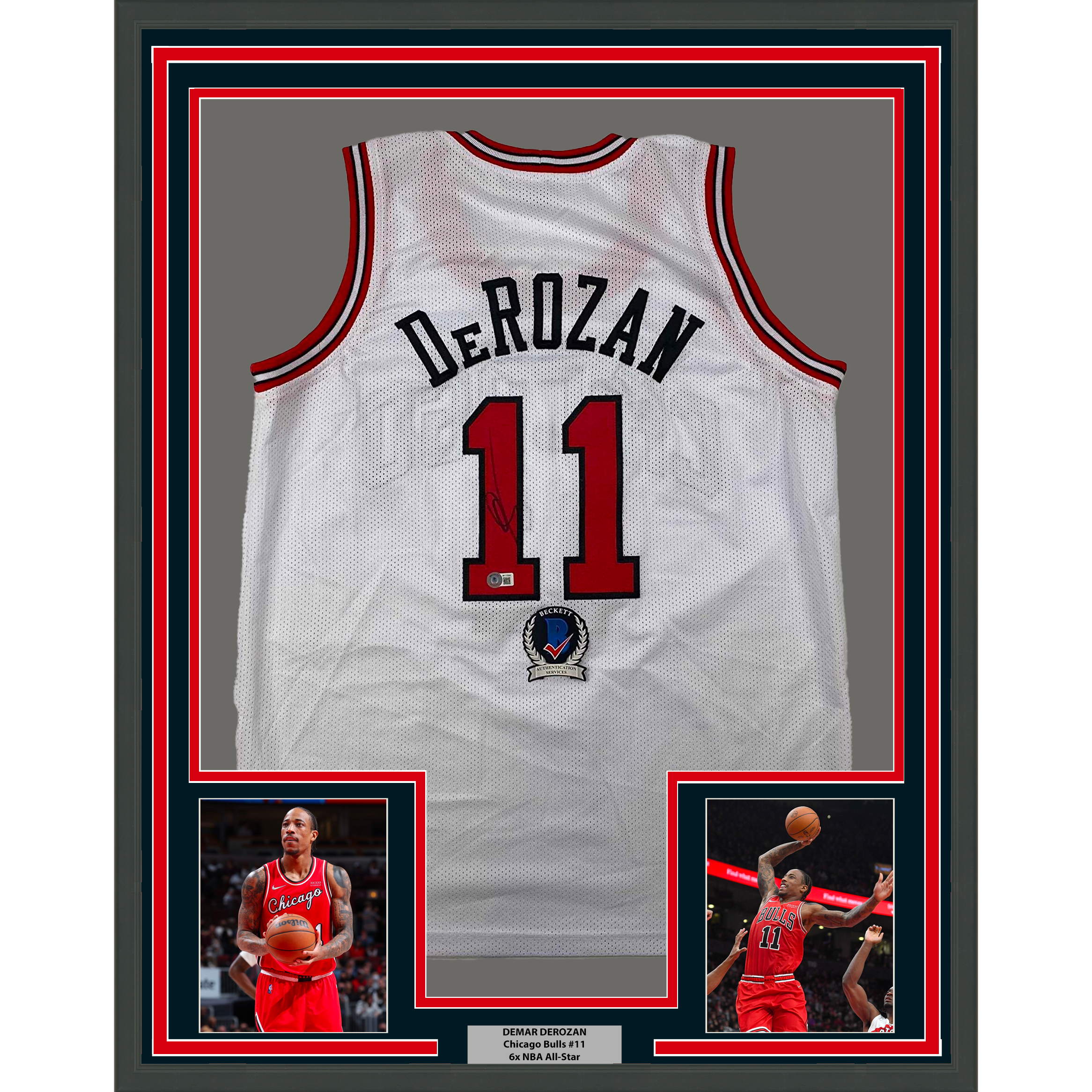 Framed Autographed/Signed DeMar DeRozan 35x39 Chicago White Basketball Jersey Beckett BAS COA