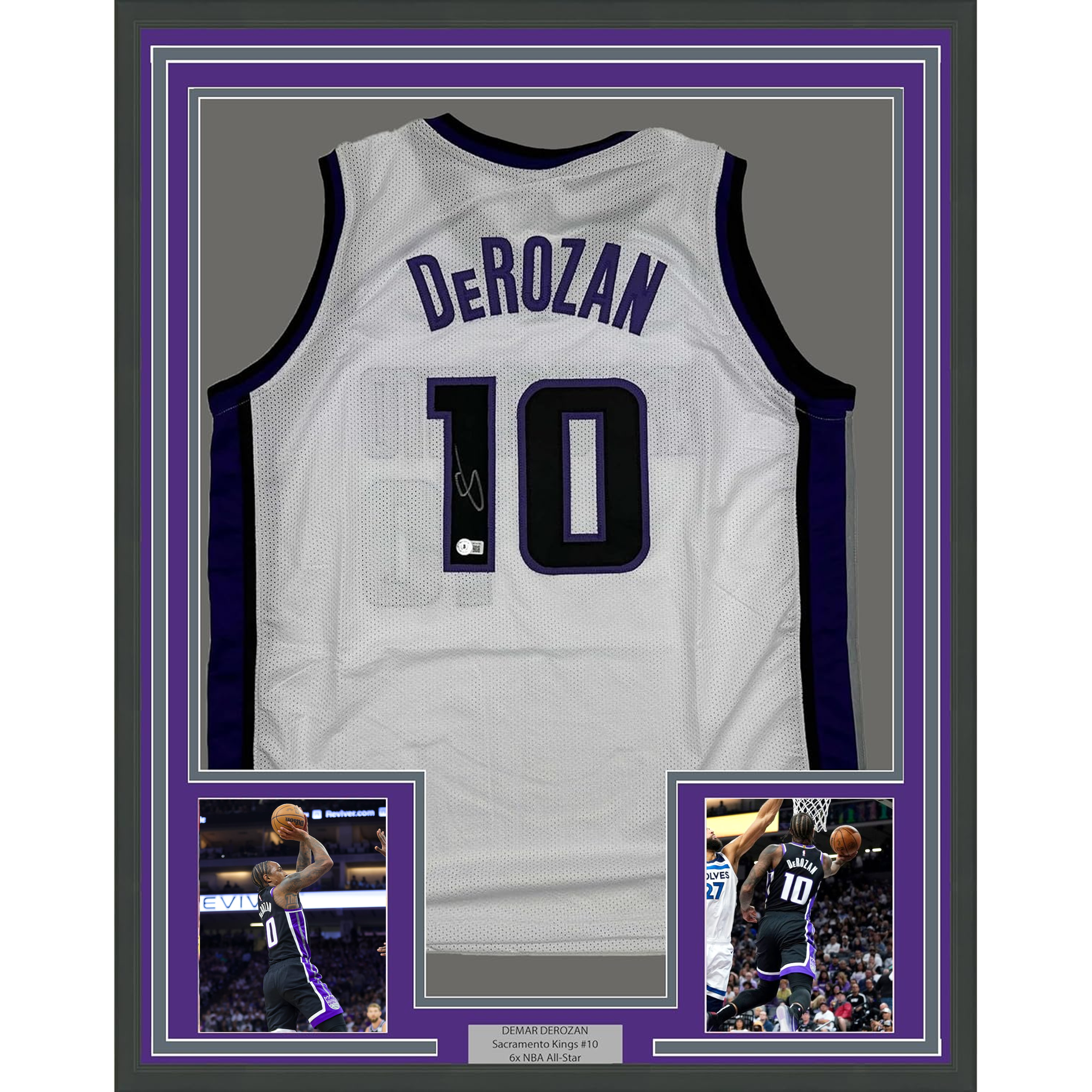 FramedAutographed/Signed DeMar DeRozan 35x39 Sacramento White Basketball Jersey Beckett BAS COA