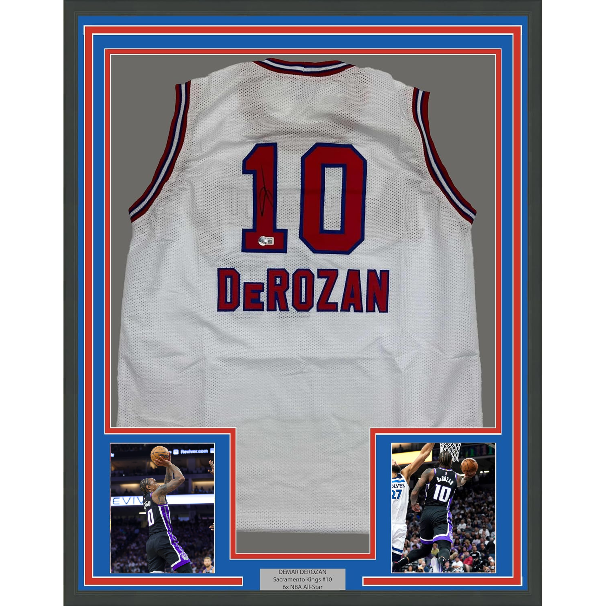 Framed Autographed/Signed DeMar DeRozan 35x39 Sacramento White Kansas City Retro Basketball Jersey Beckett BAS COA