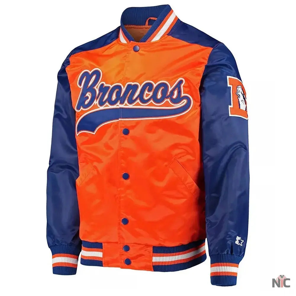 Denver Broncos Blue and Orange Varsity Satin Jacket