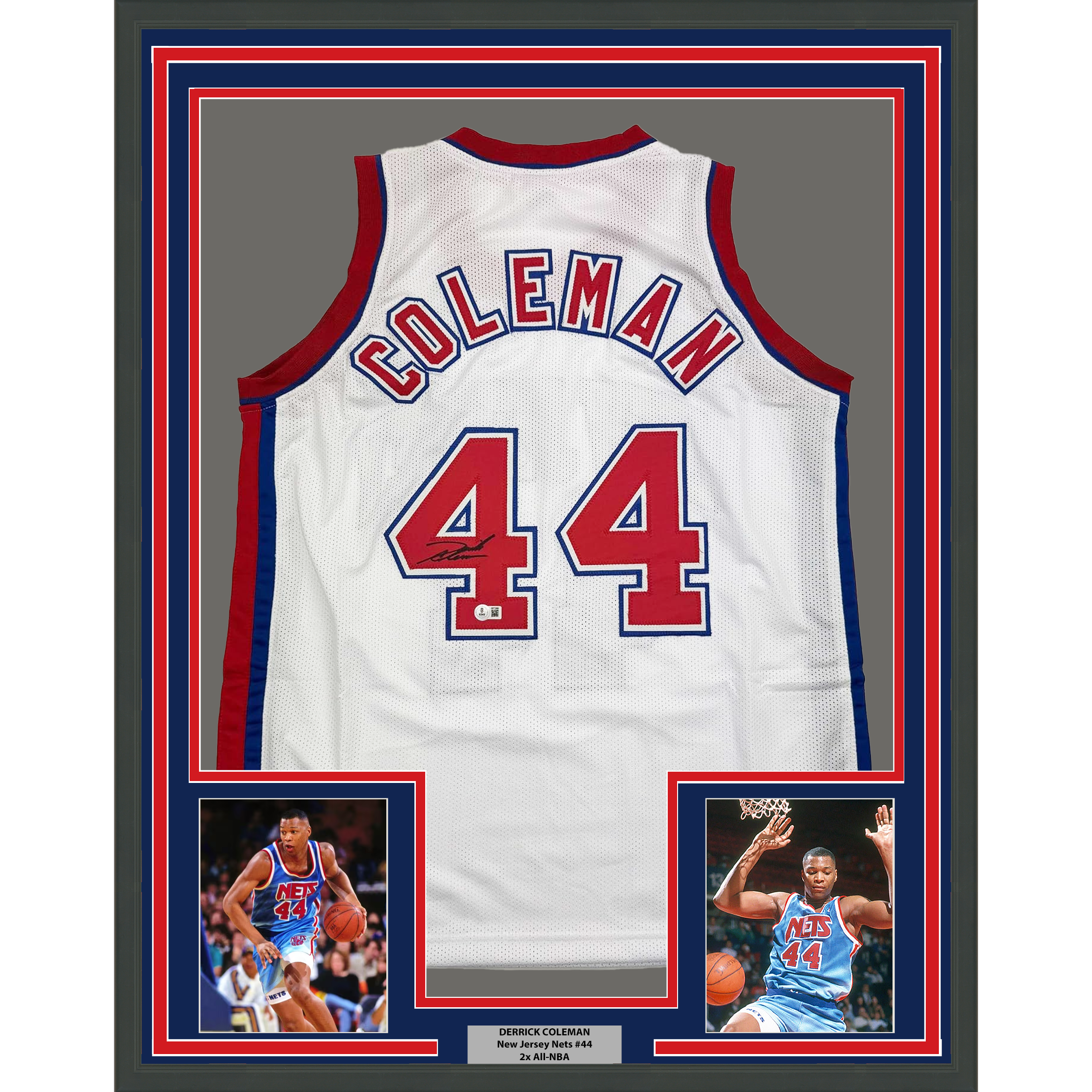 Framed Autographed/Signed Derrick Coleman 35x39 New Jersey NJ White Basketball Jersey Beckett BAS COA