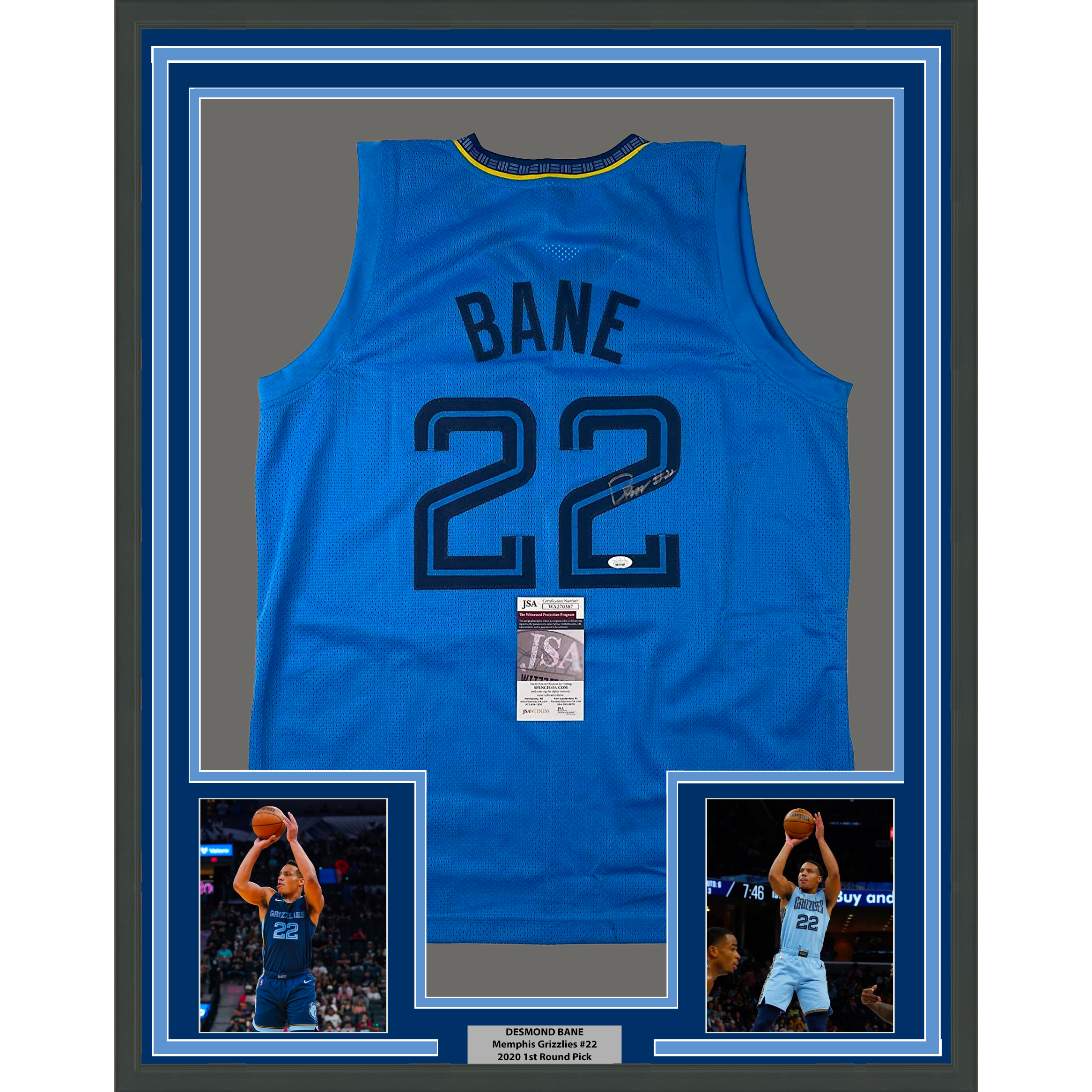 Framed Autographed/Signed Desmond Bane 35x39 Memphis Light Blue Basketball Jersey JSA COA