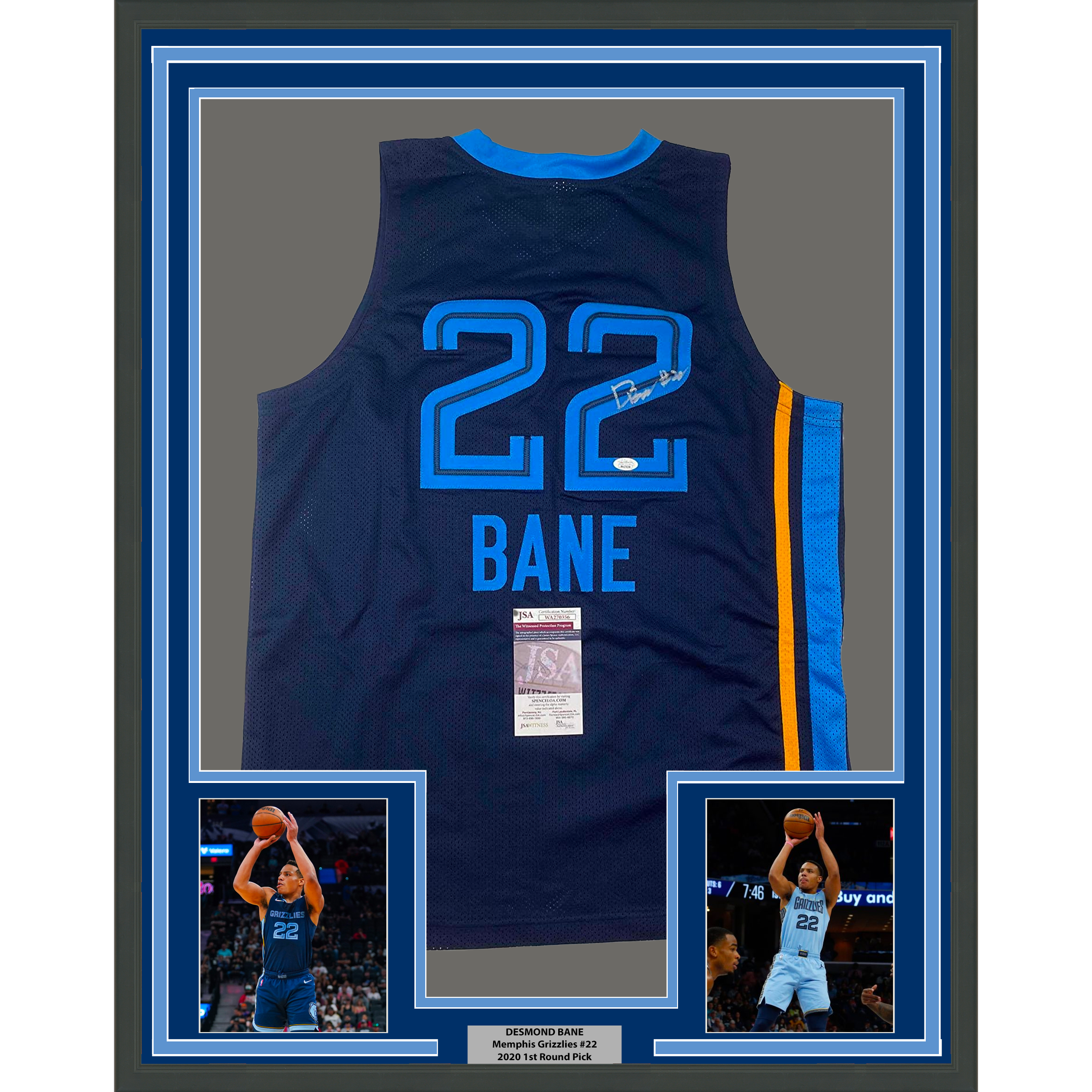 Framed Autographed/Signed Desmond Bane 35x39 Memphis Dark Blue Basketball Jersey JSA COA