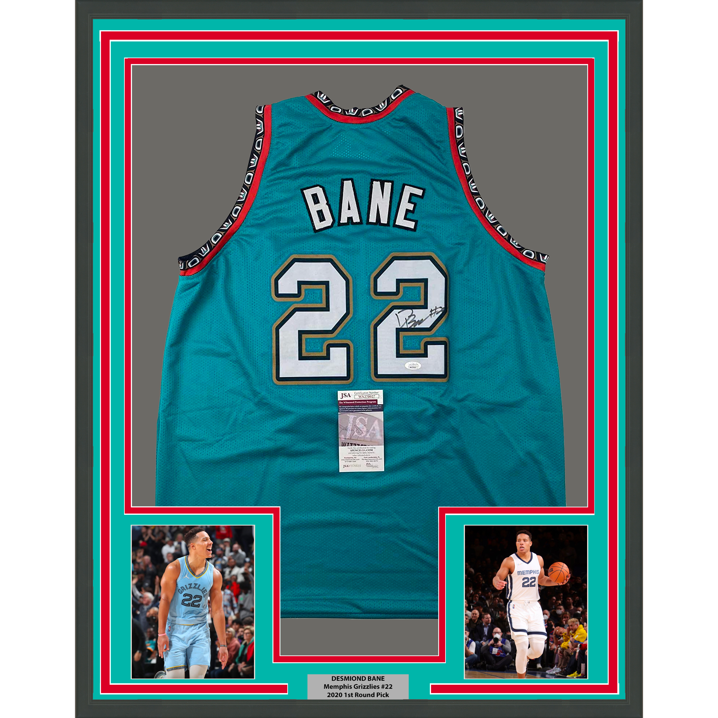 Framed Autographed/Signed Desmond Bane 35x39 Memphis Teal Basketball Jersey JSA COA