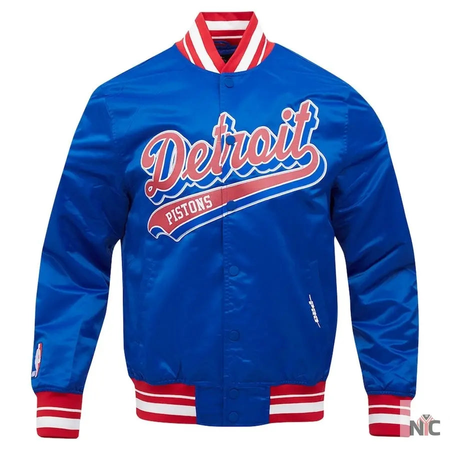 Detroit Pistons Script Tail Blue Satin Varsity Jacket