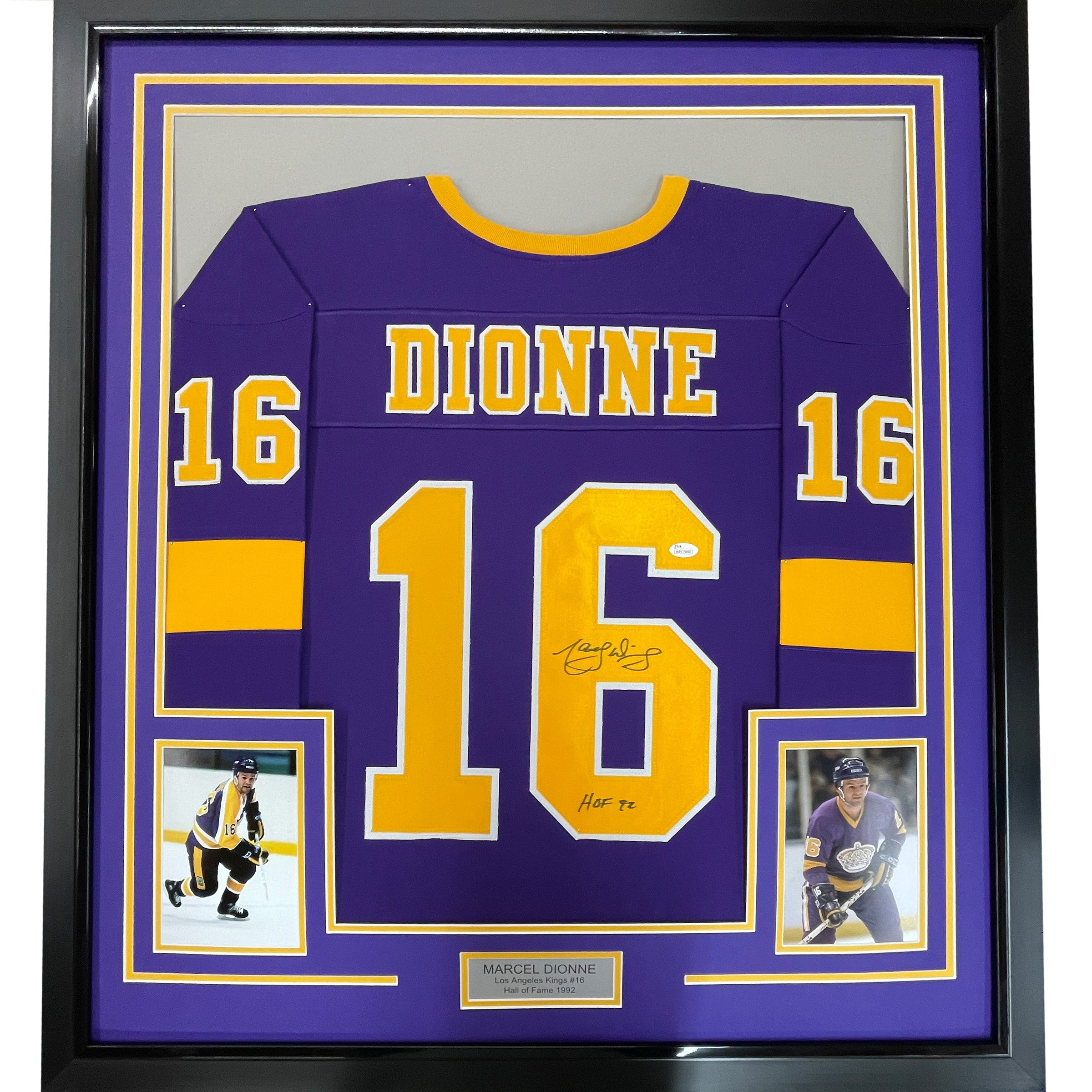Framed Autographed/Signed Marcel Dionne HOF 92 35x39 Los Angeles LA Purple Hockey Jersey JSA COA