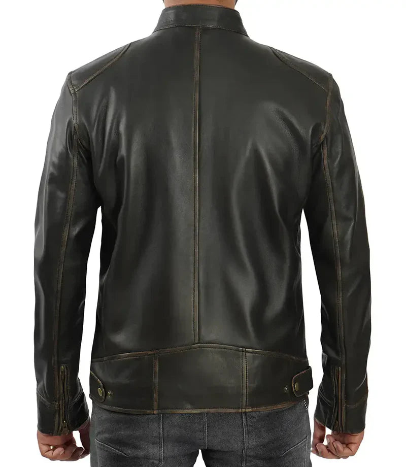 Dodge Tall Men&#39;s Rub-off Dark Brown Cafe Racer Leather Jacket