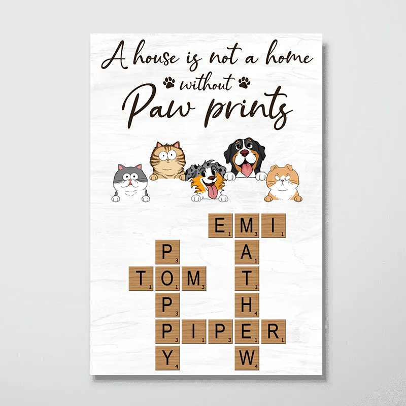 Home With Paw Prints Peeking Dog Cat Crossword Puzzle Art - Personalized Poster/Canvas Print