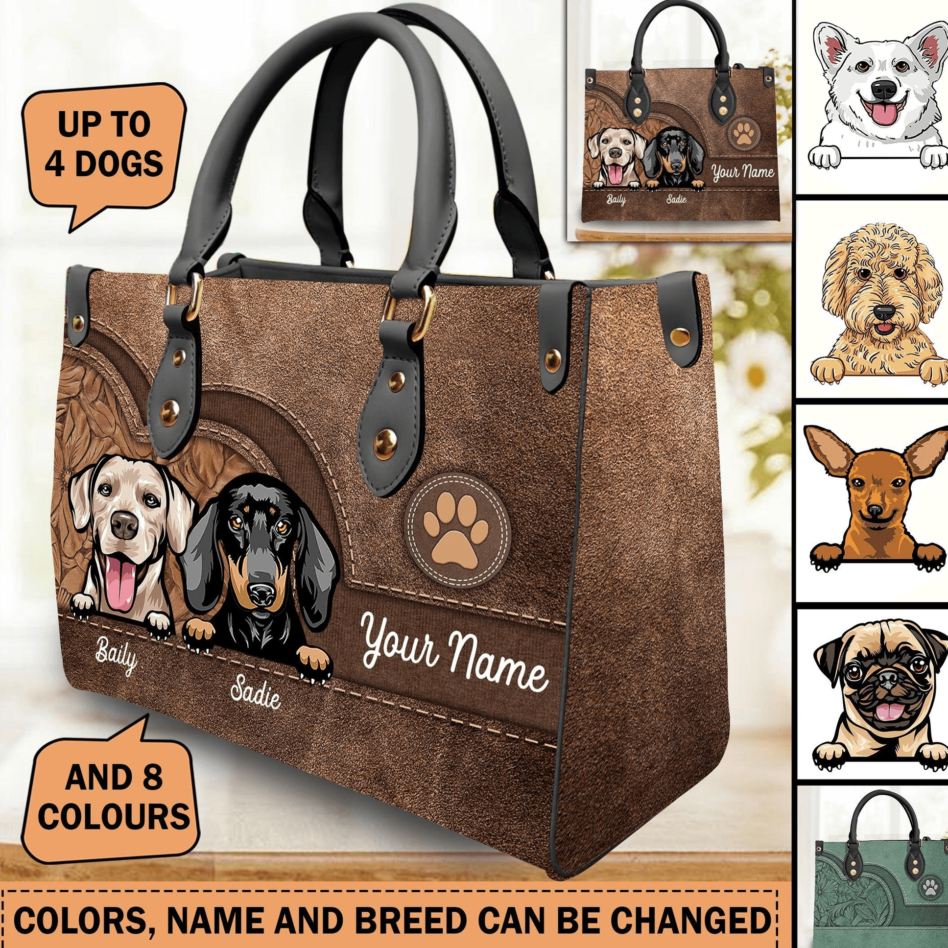 Dog Personalized Leather Handbag, Personalized Gift for Dog Lovers, Dog Dad, Dog Mom
