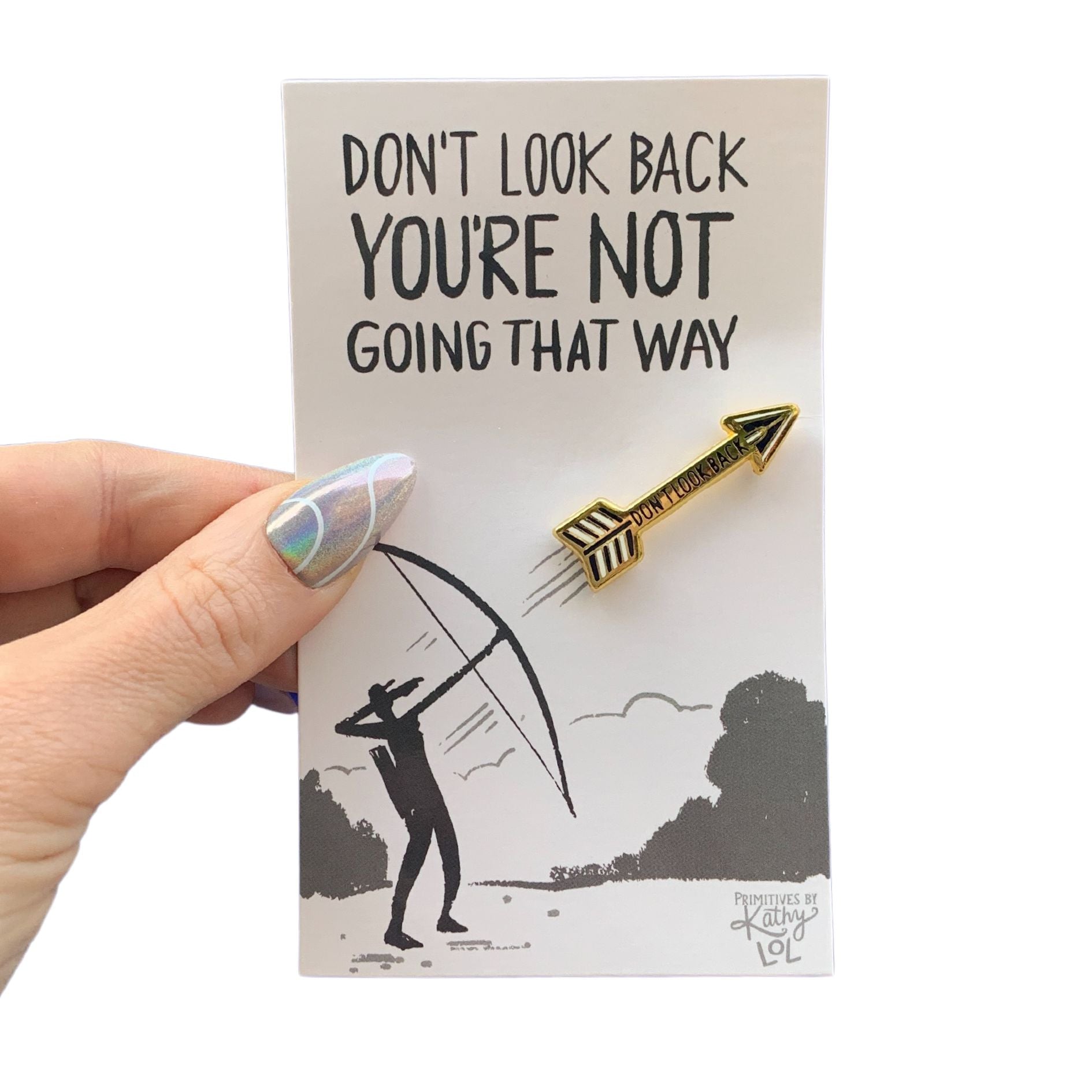 Don&amp;#39;t Look Back Arrow Enamel Pin in Gold on Gift Card