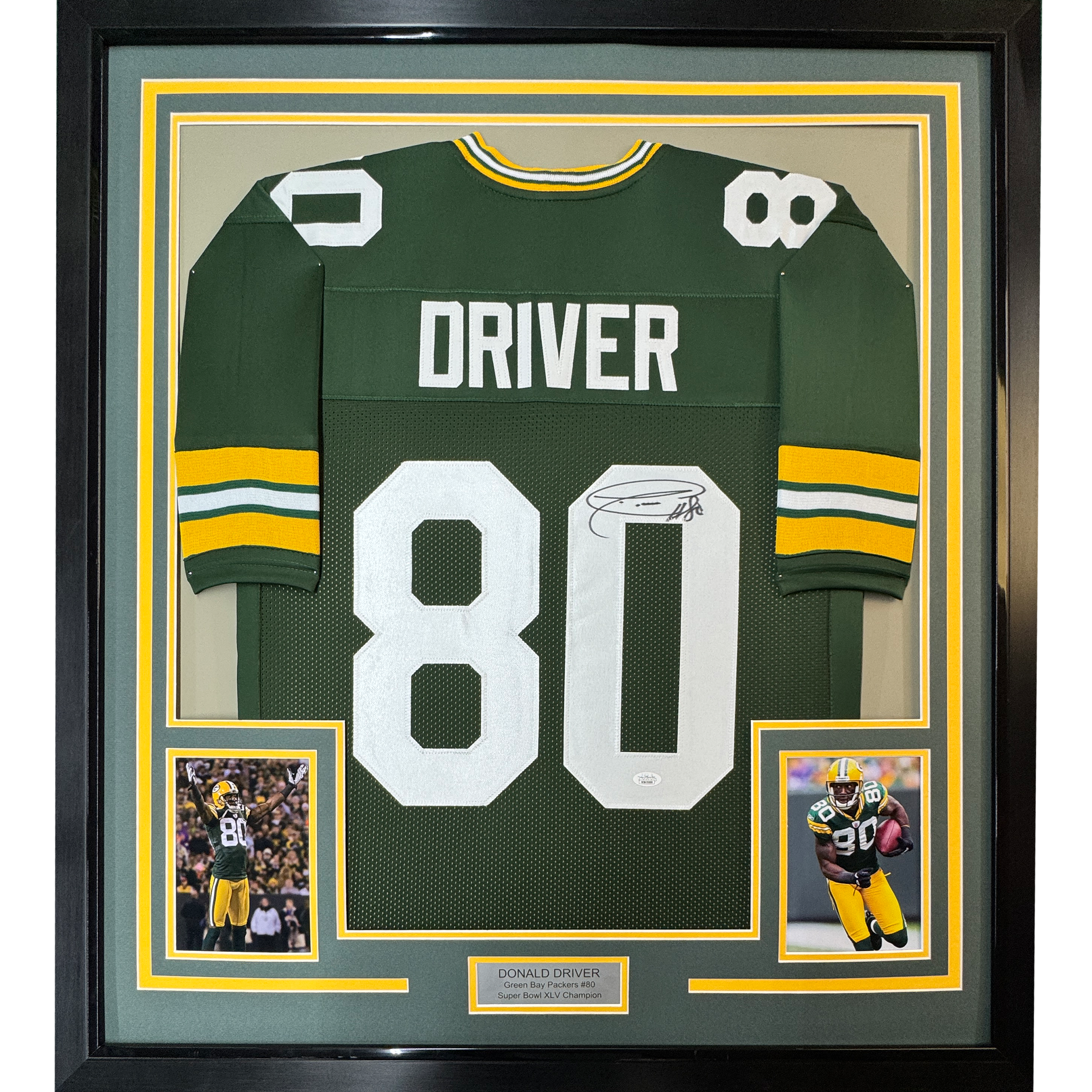 Framed Autographed/Signed Donald Driver 35x39 Green Bay Green Football Jersey JSA COA