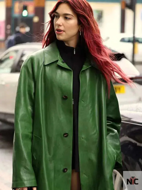 Dua Lipa Green Leather Coat
