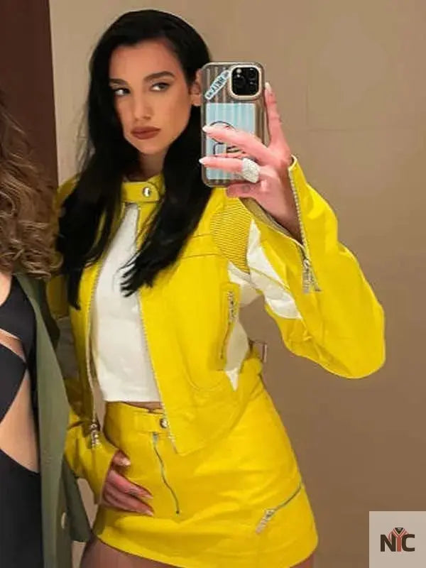 Dua Lipa Spongebob Yellow Leather Jacket