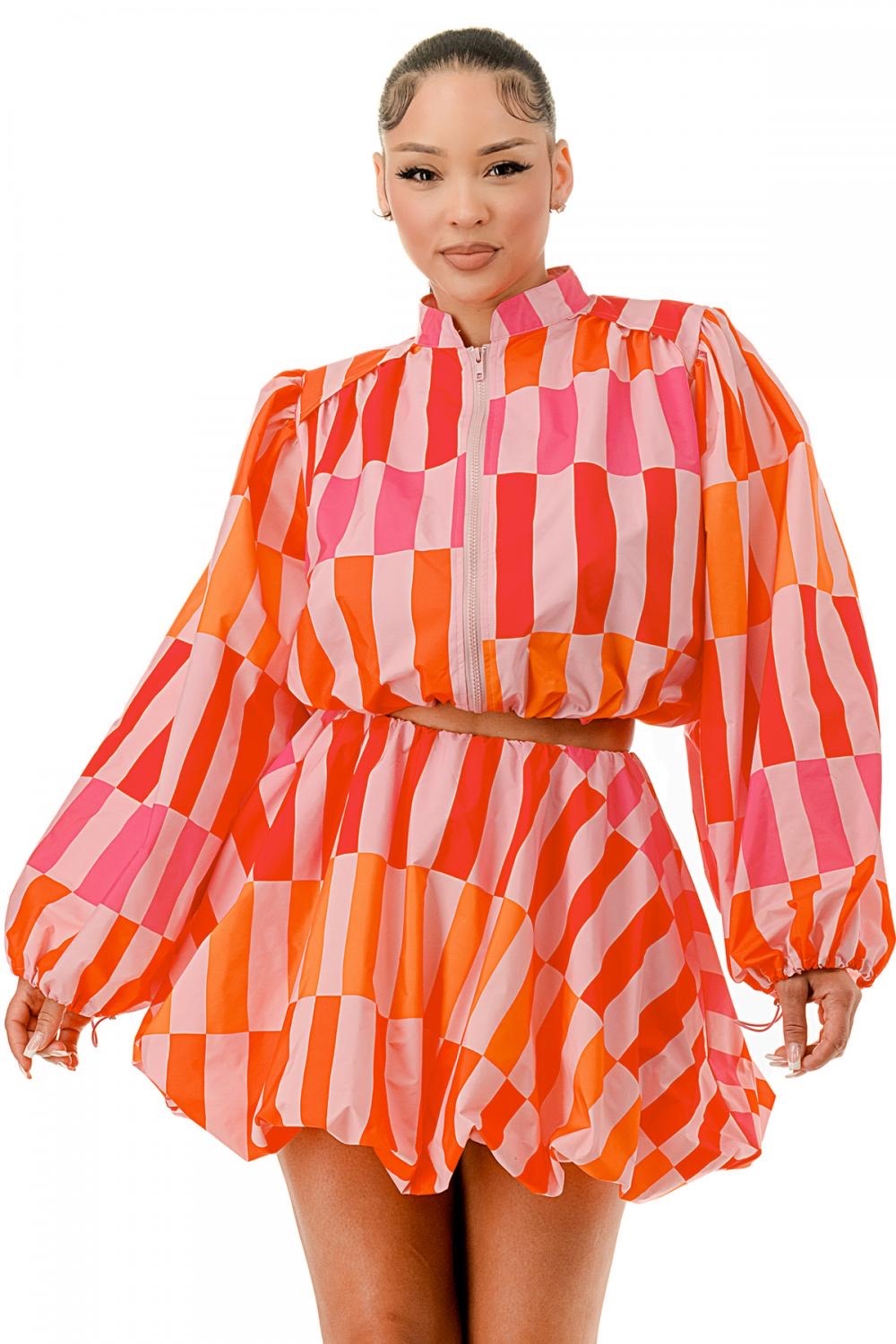 Balloon Long Sleeves Front Zipper Closure Crop Jacket &amp;amp; Mini Bubble Skirt -2 Piece Set