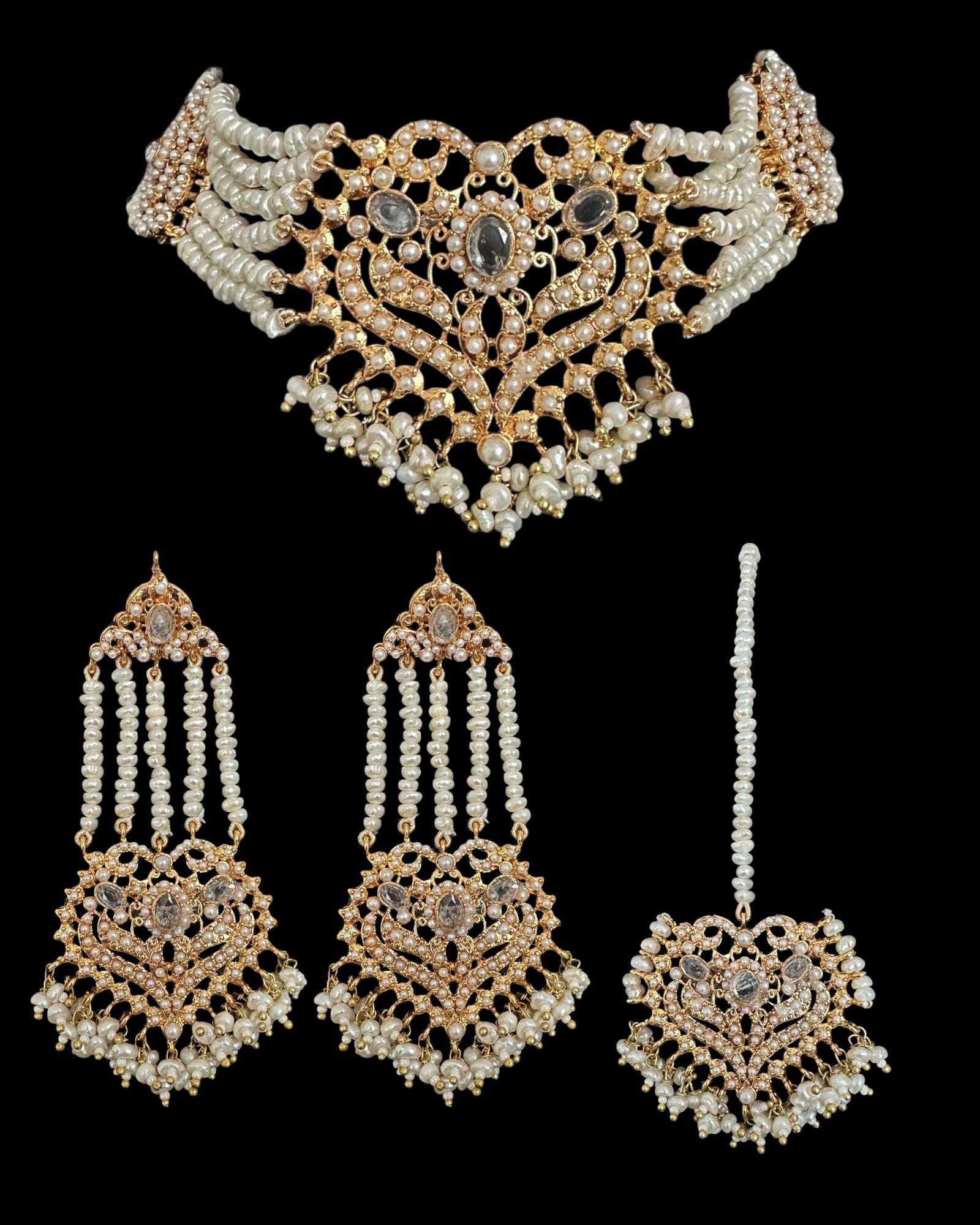 RAABYA fresh water pearl bridal choker set with earrings tika ( SHIPS IN 3 WEEKS )