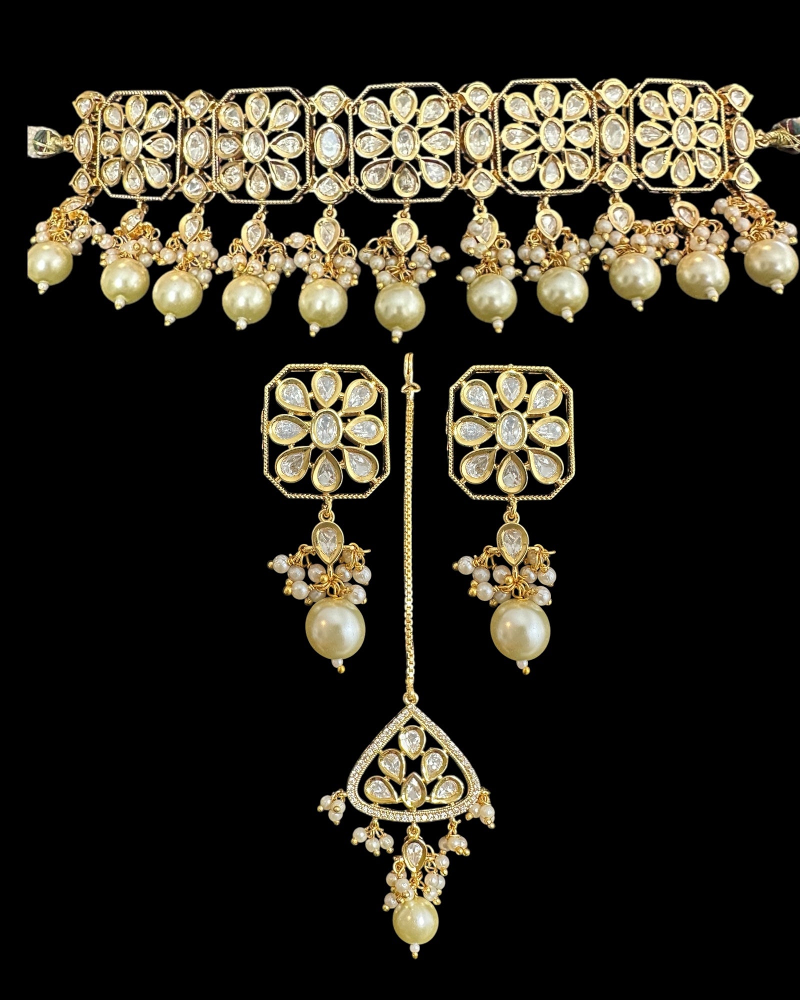 C549 vanya polki choker with earrings in golden pearls ( READY TO SHIP )