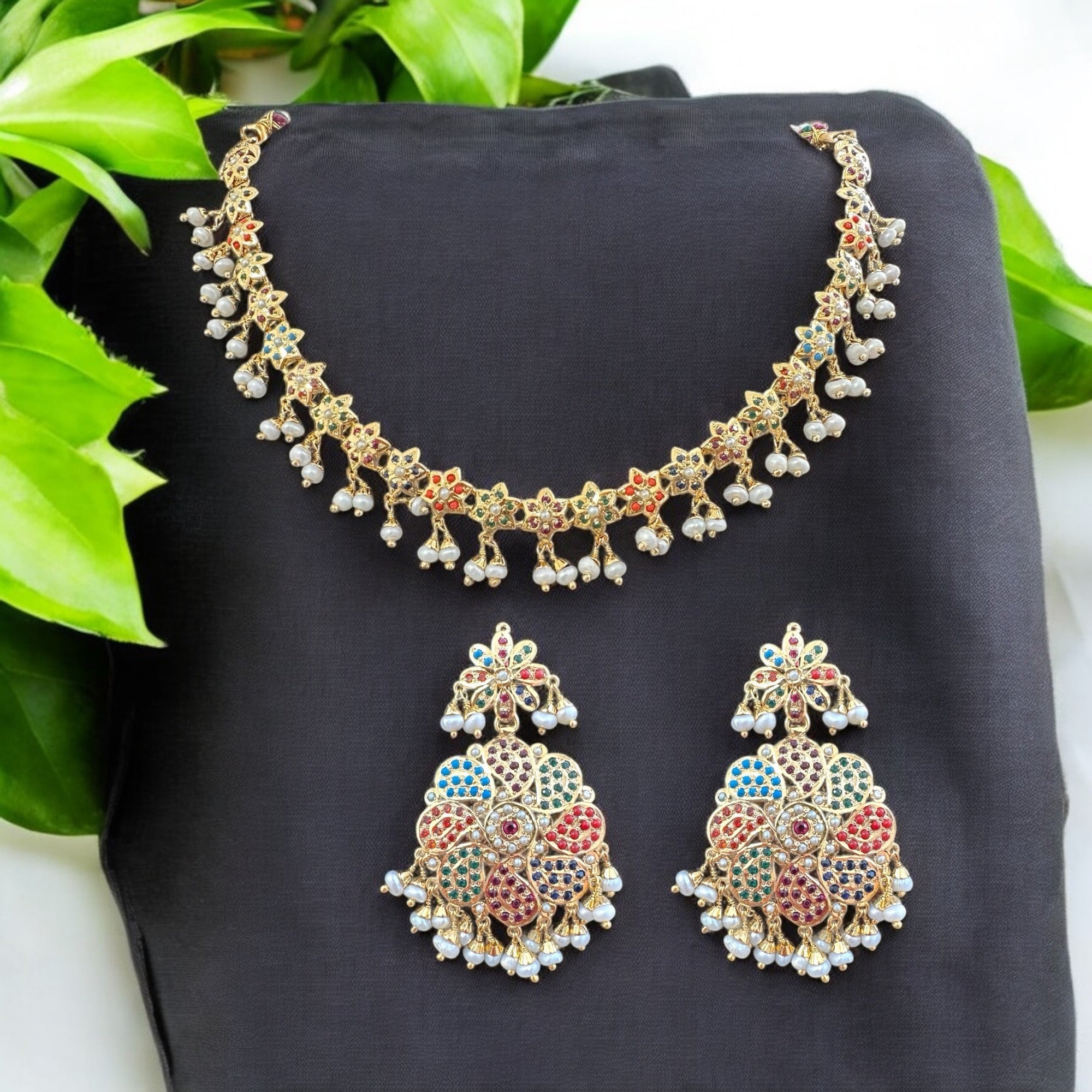 Navratan / Multicolored Jadau Necklace Set in Gold Plated Silver ( READY TO SHIP )