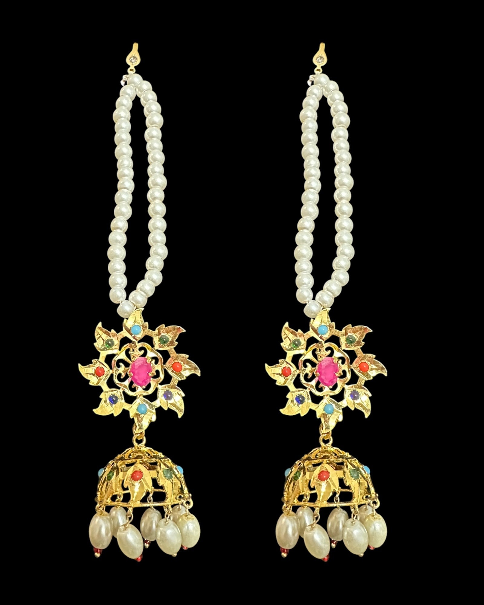DER758  navratan gold plated Karanphool jhumka ( pearls ) ( READY TO SHIP )