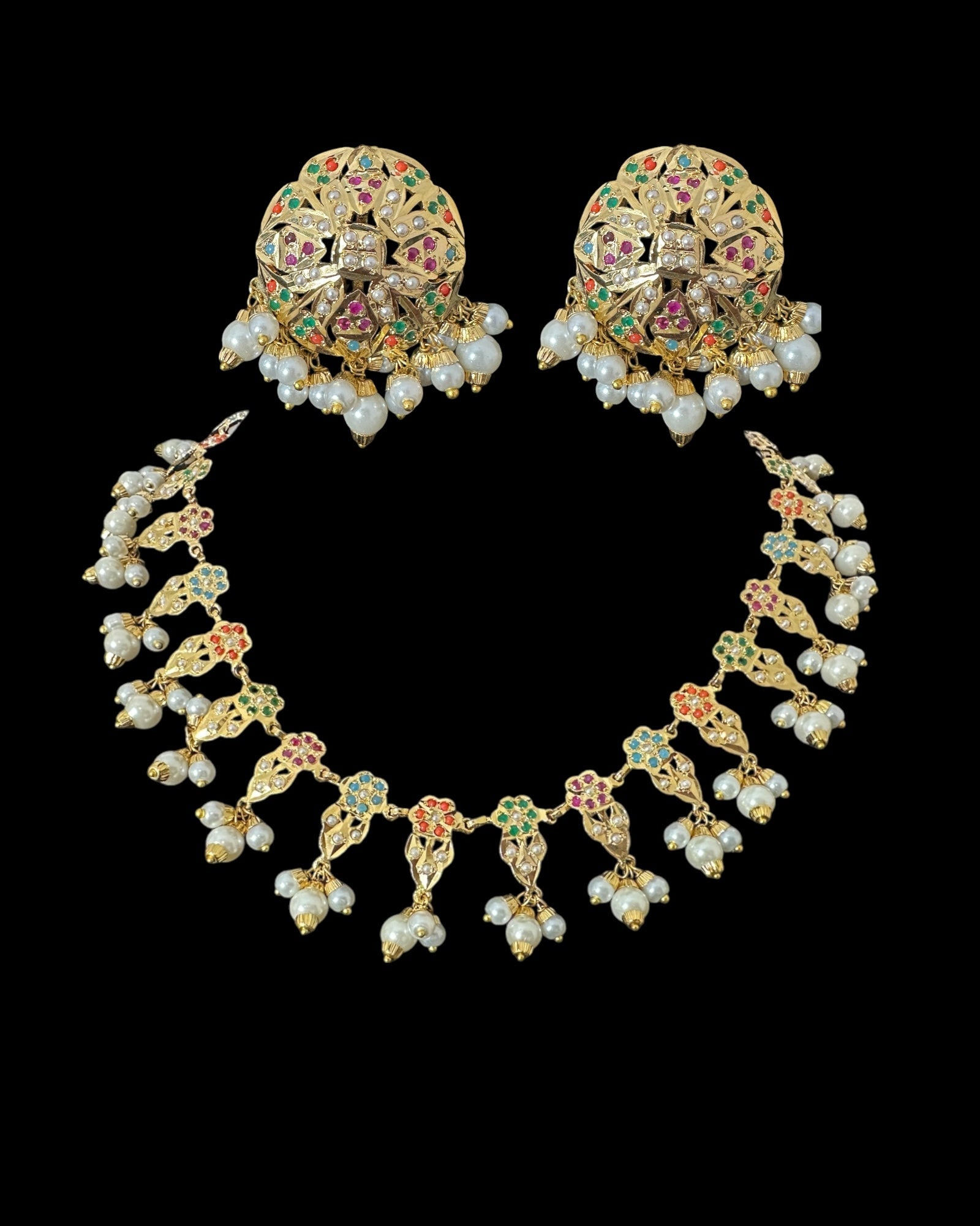 DNS193  Alea punjabi Jadau necklace  set - Navratan   (SHIPS IN 4 WEEKS)