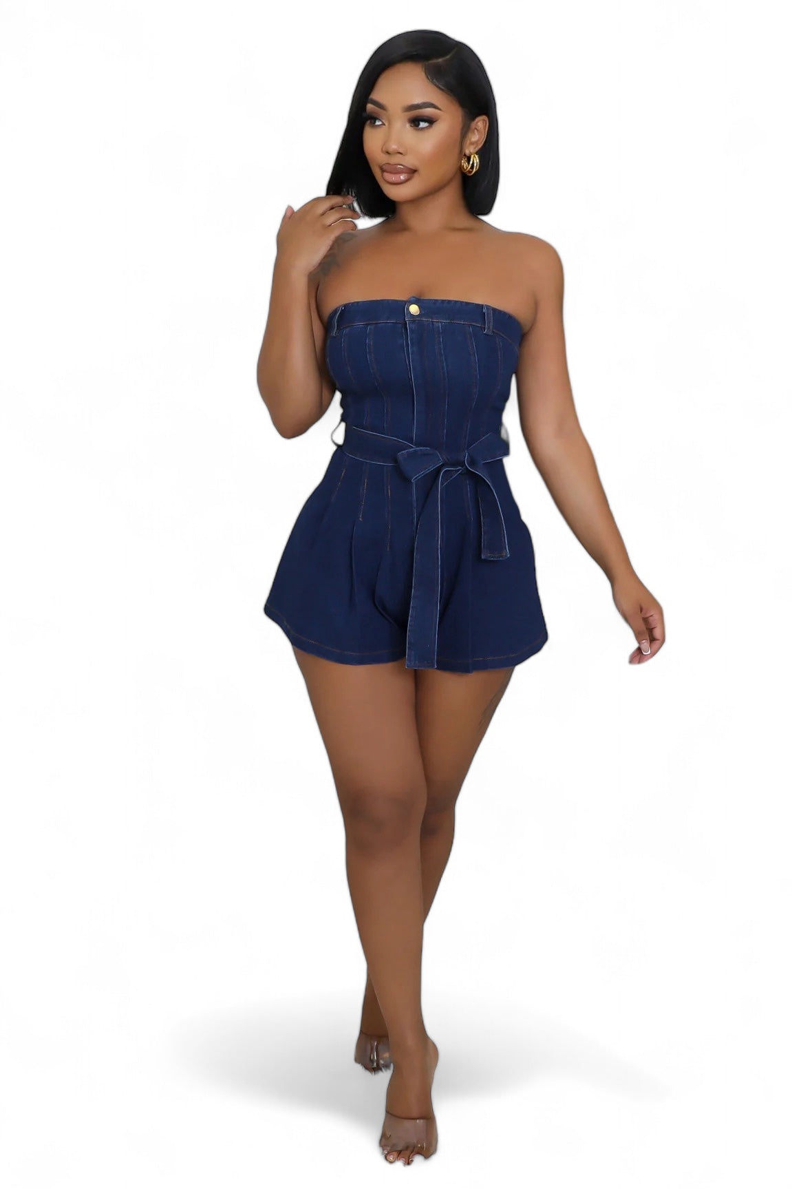 Dark Denim Strapless Romper with Belt