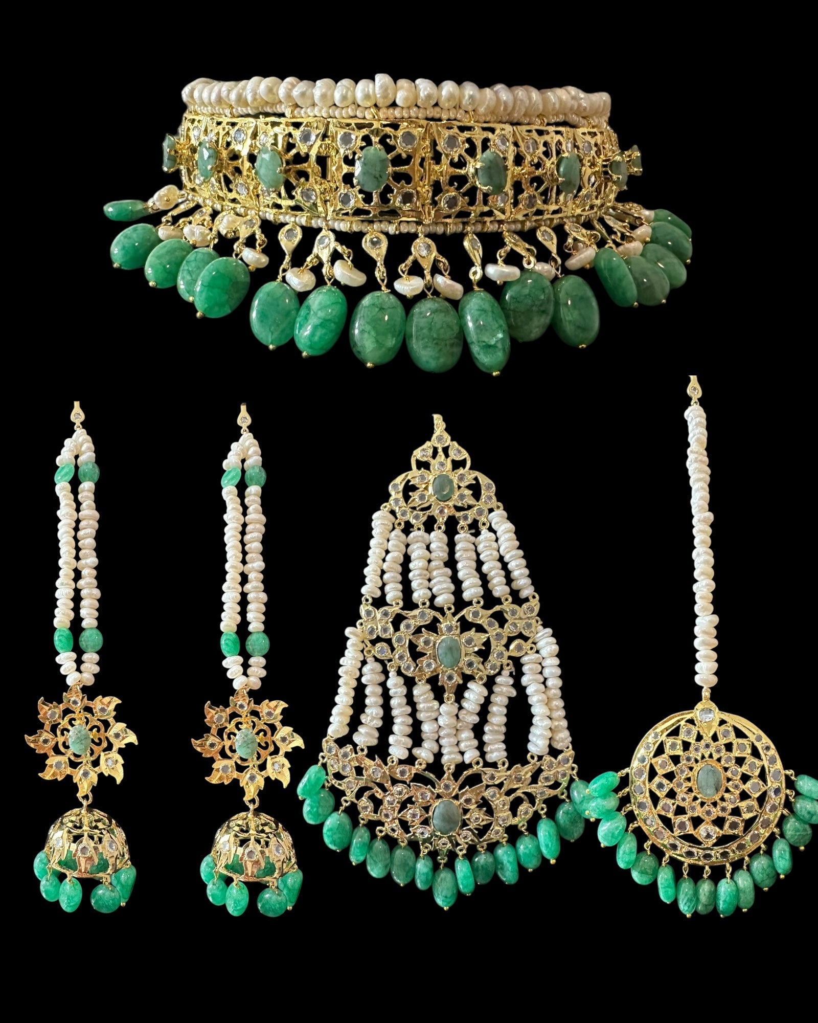 BR482 Insia Hyderabadi bridal set in emeralds with fresh water pearls ( SHIPS IN 1 WEEK )
