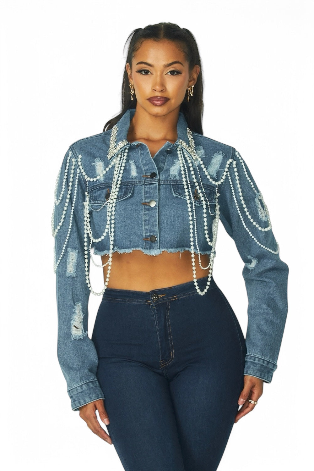 Artemila Pearl &amp;amp; Rhinestone Denim Crop Jacket