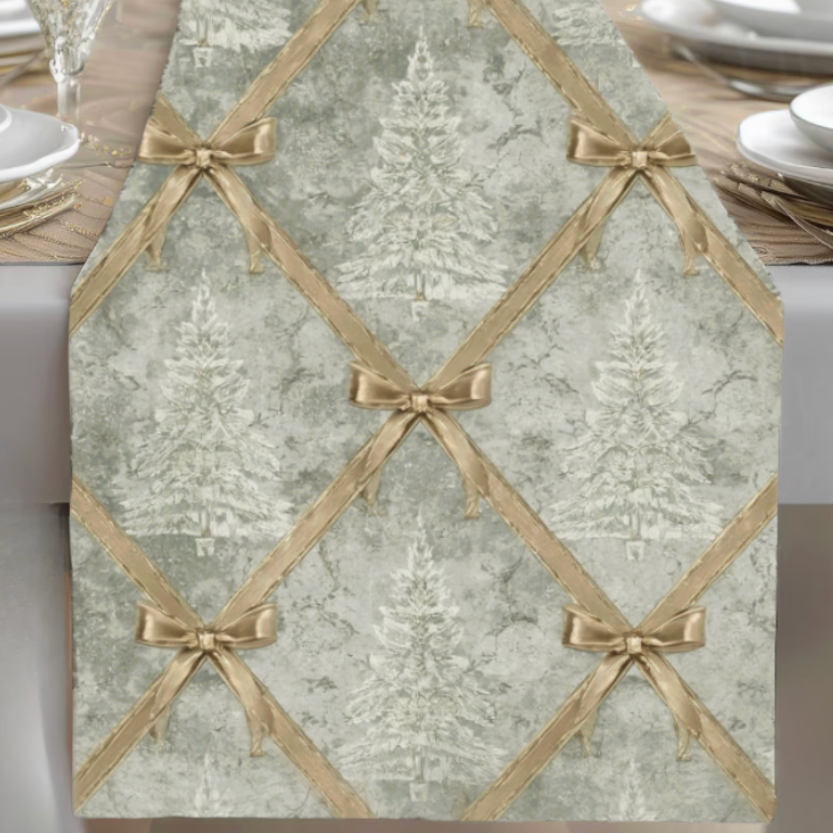 Elegant Green &amp;amp; Gold Christmas Table Runner | Ribbon Lattice &amp;amp; Frosted Tree Pattern | Luxury Holiday Dining Decor