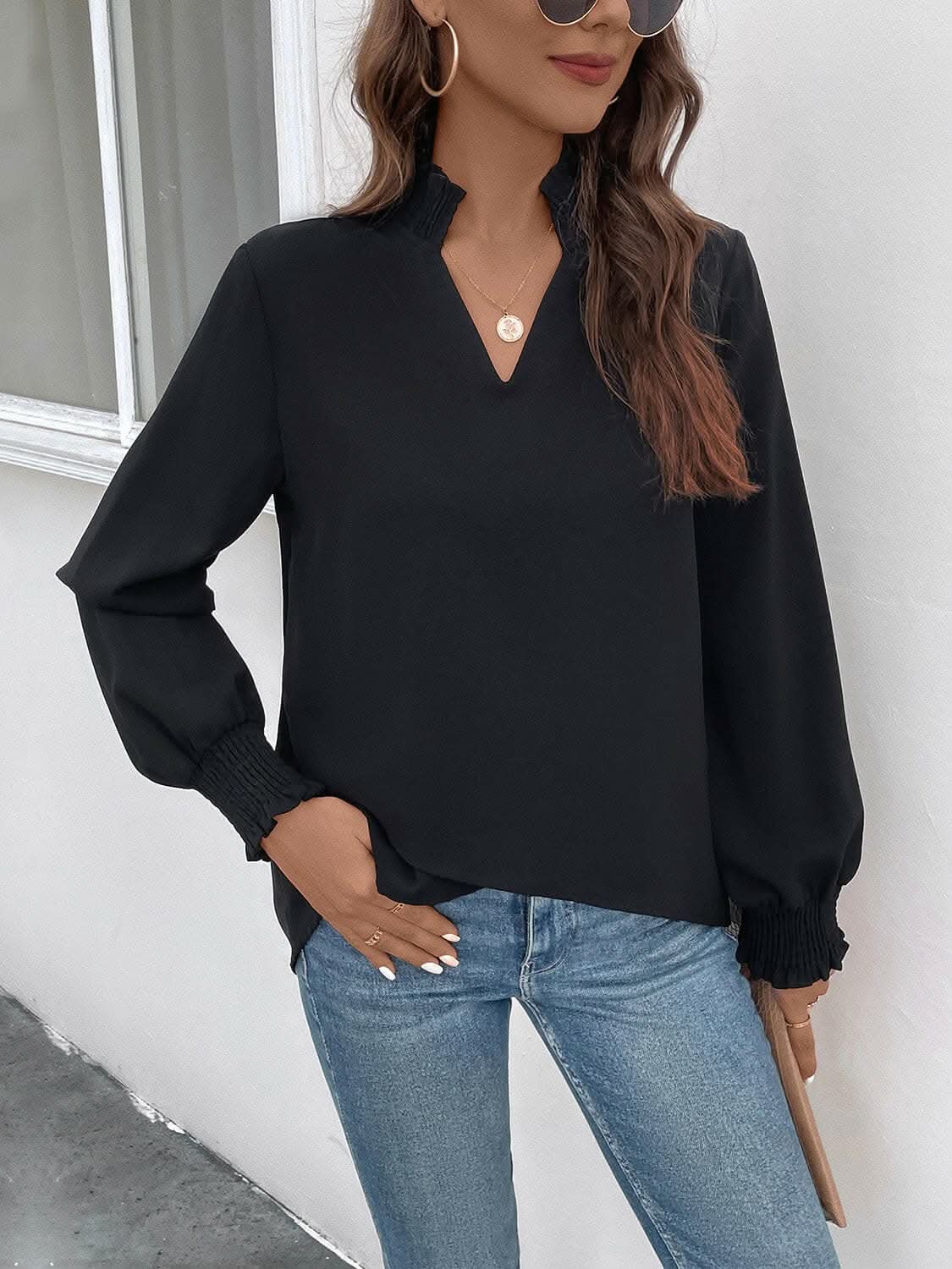 Elegant smocked long sleeve blouse