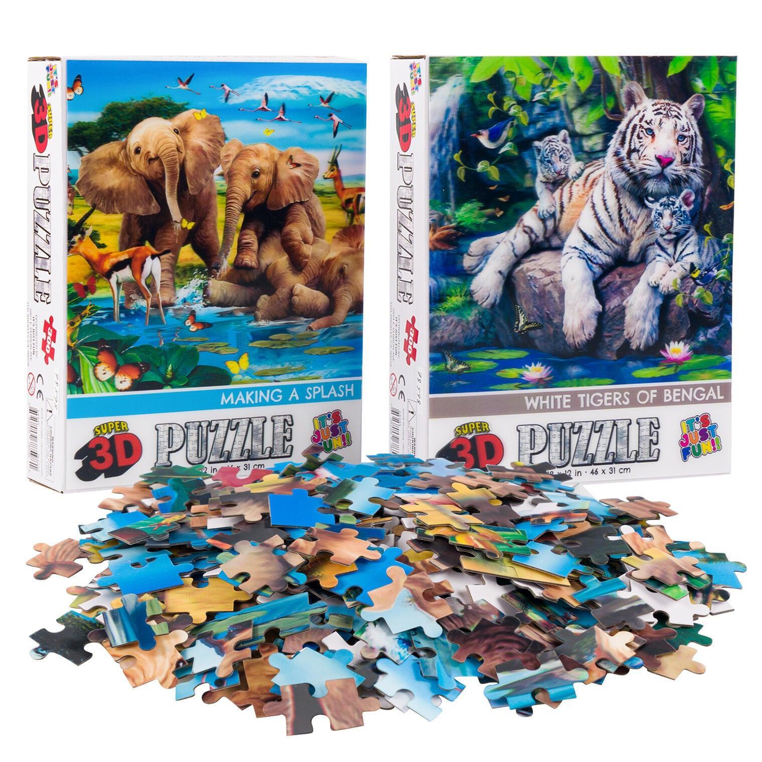 Elephants &amp;amp; Tigers Set of 2 300 Piece Lenticular Jigsaw Puzzles Prime 3D