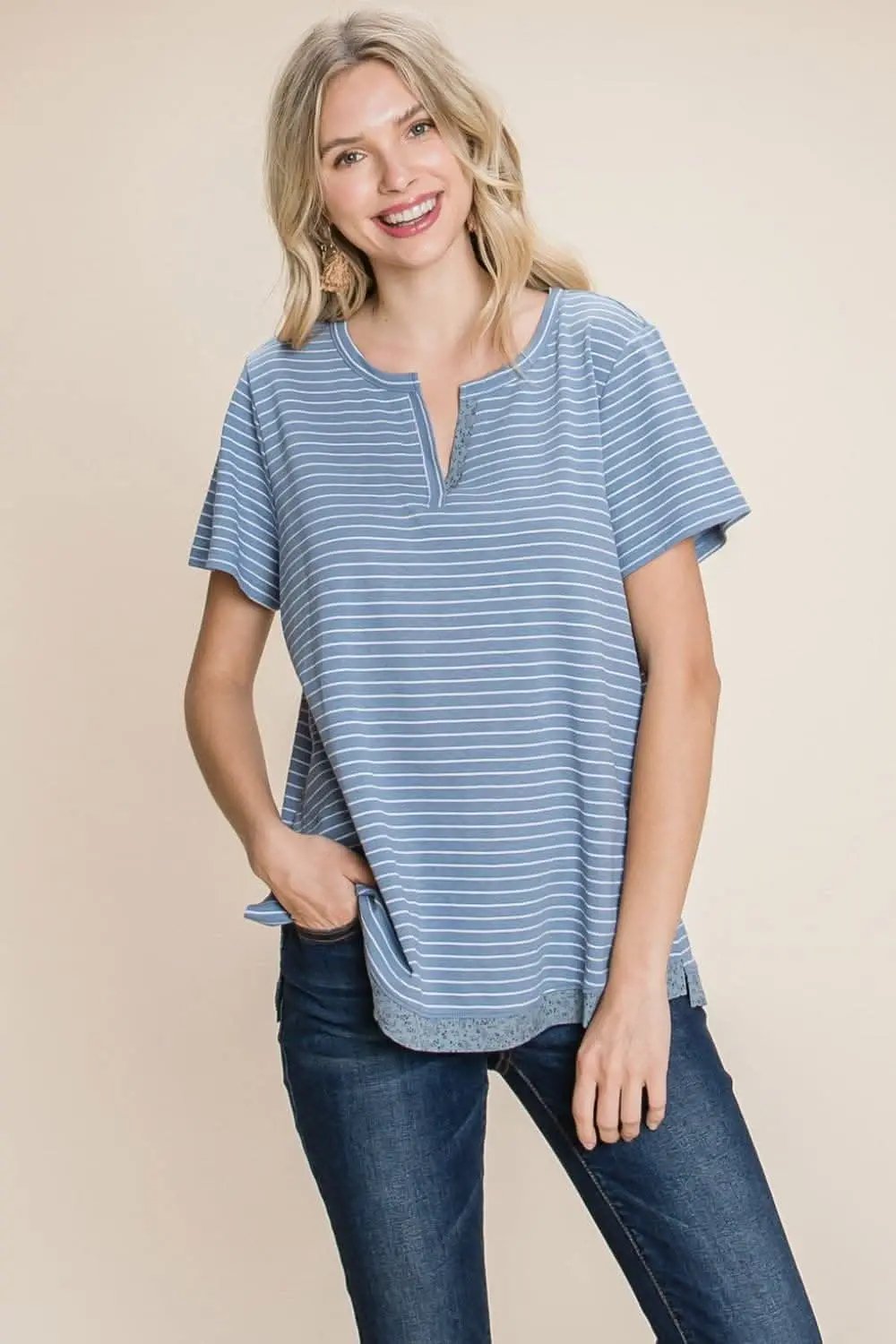 Striped Slit Tee Women&amp;#39;s Casual Top USA Shipped T-Shirt Soft Cotton Blend