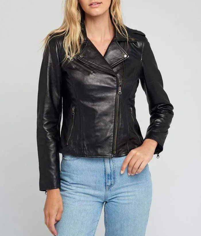 Ella Biker Asymmetrical Notch Collar Womens Leather Jacket