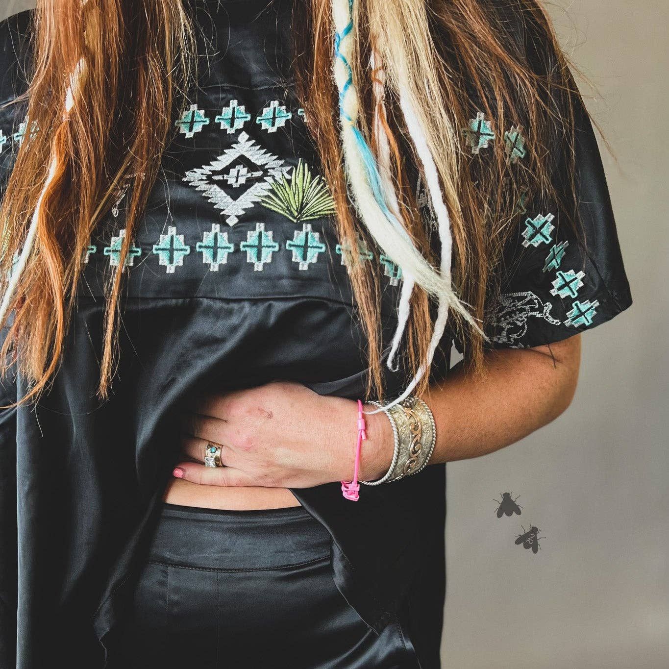 Embroidered Western Motif Poncho Style Satin Look Top &amp;quot;High End Bucks&amp;quot;