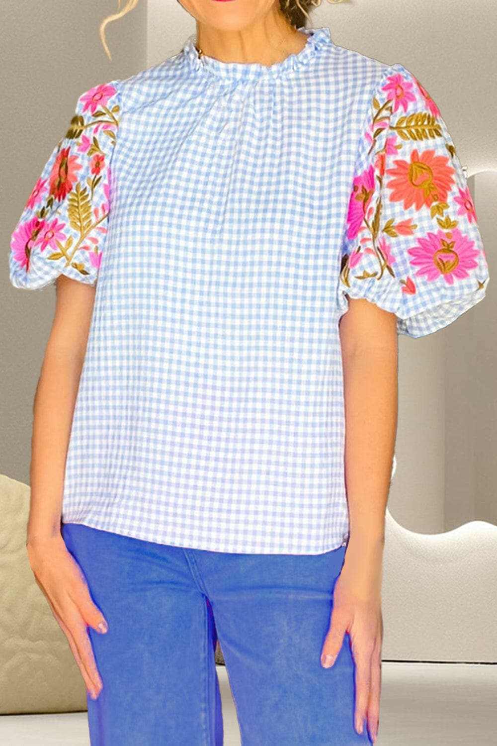 just arrived - Embroidered plaid cotton blouse