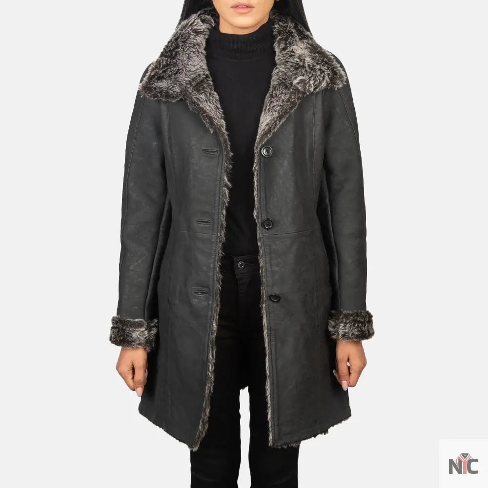 Erica Shearling Black Leather Coat