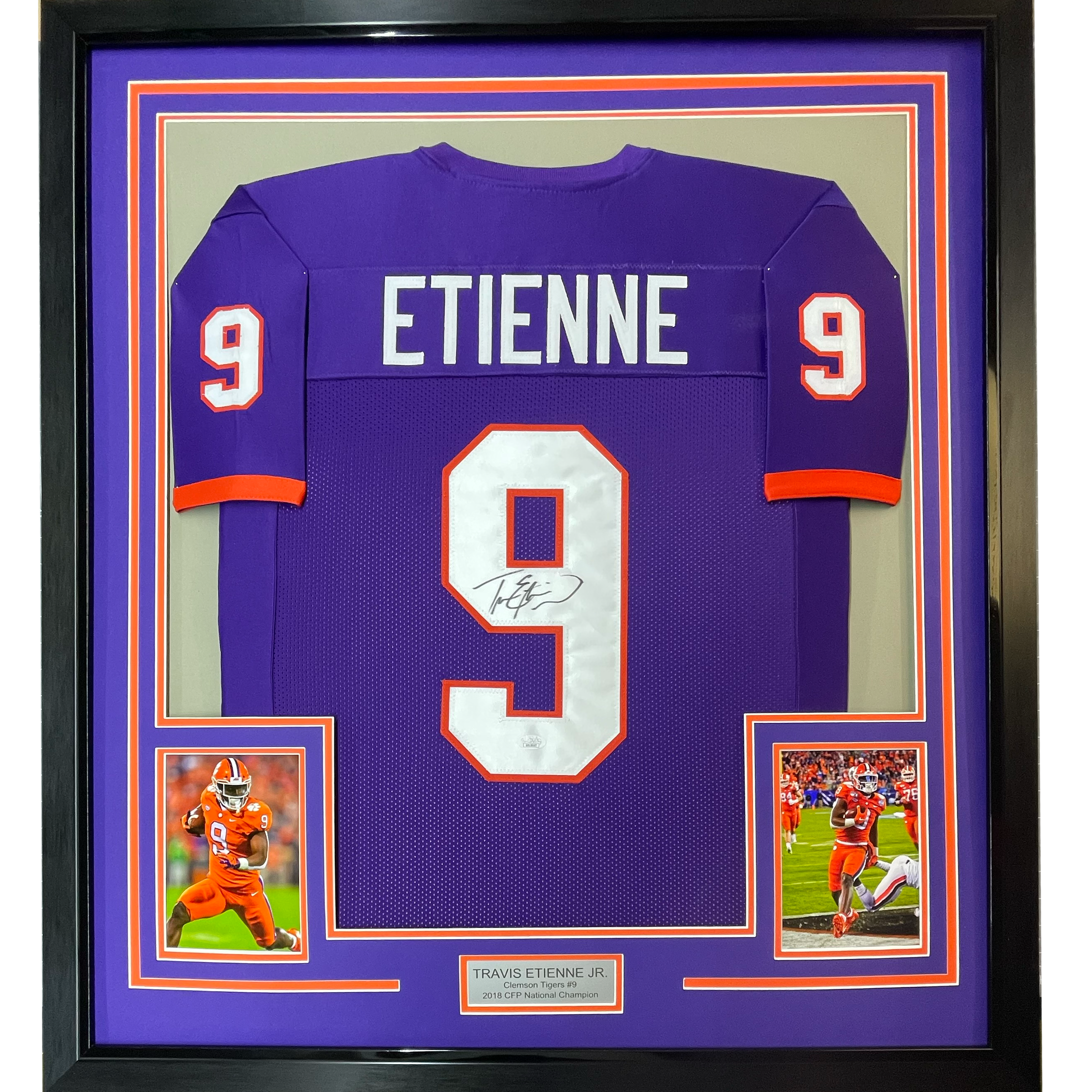 Framed Autographed/Signed Travis Etienne Jr. 35x39 Clemson Purple College Football Jersey JSA COA