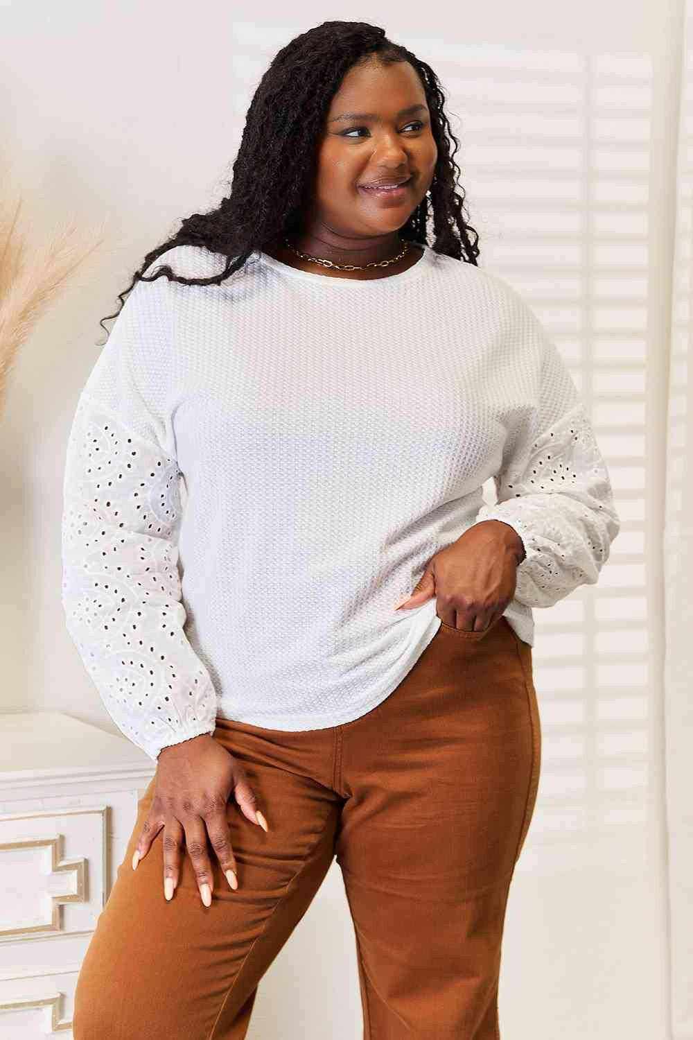 Trendsi Apparel - Eyelet drop shoulder blouse
