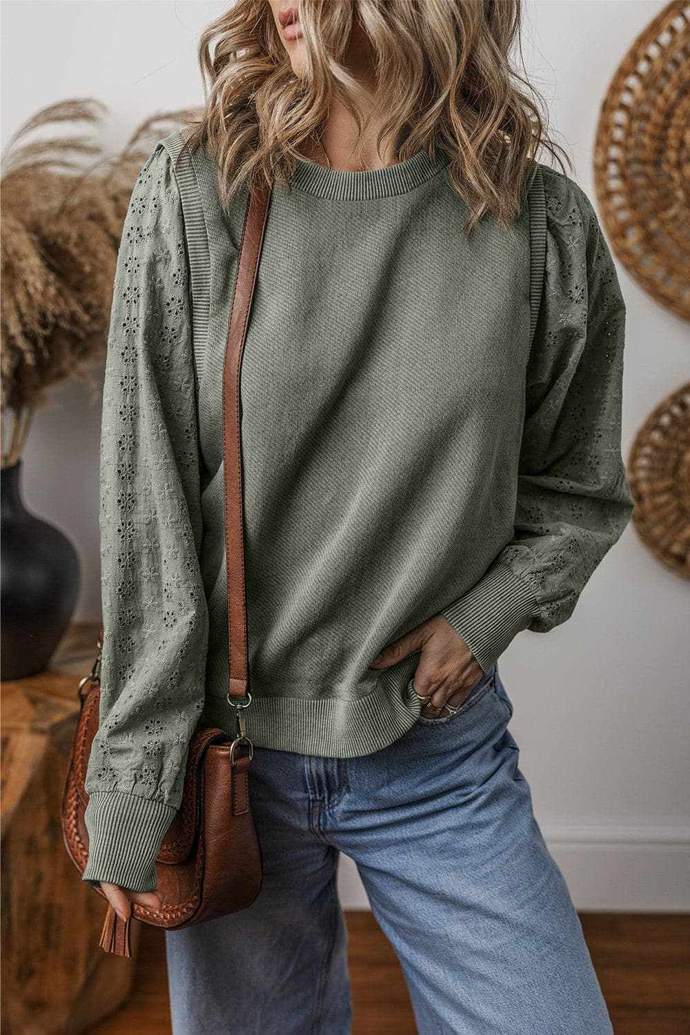 Eyelet long sleeve sweatshirt