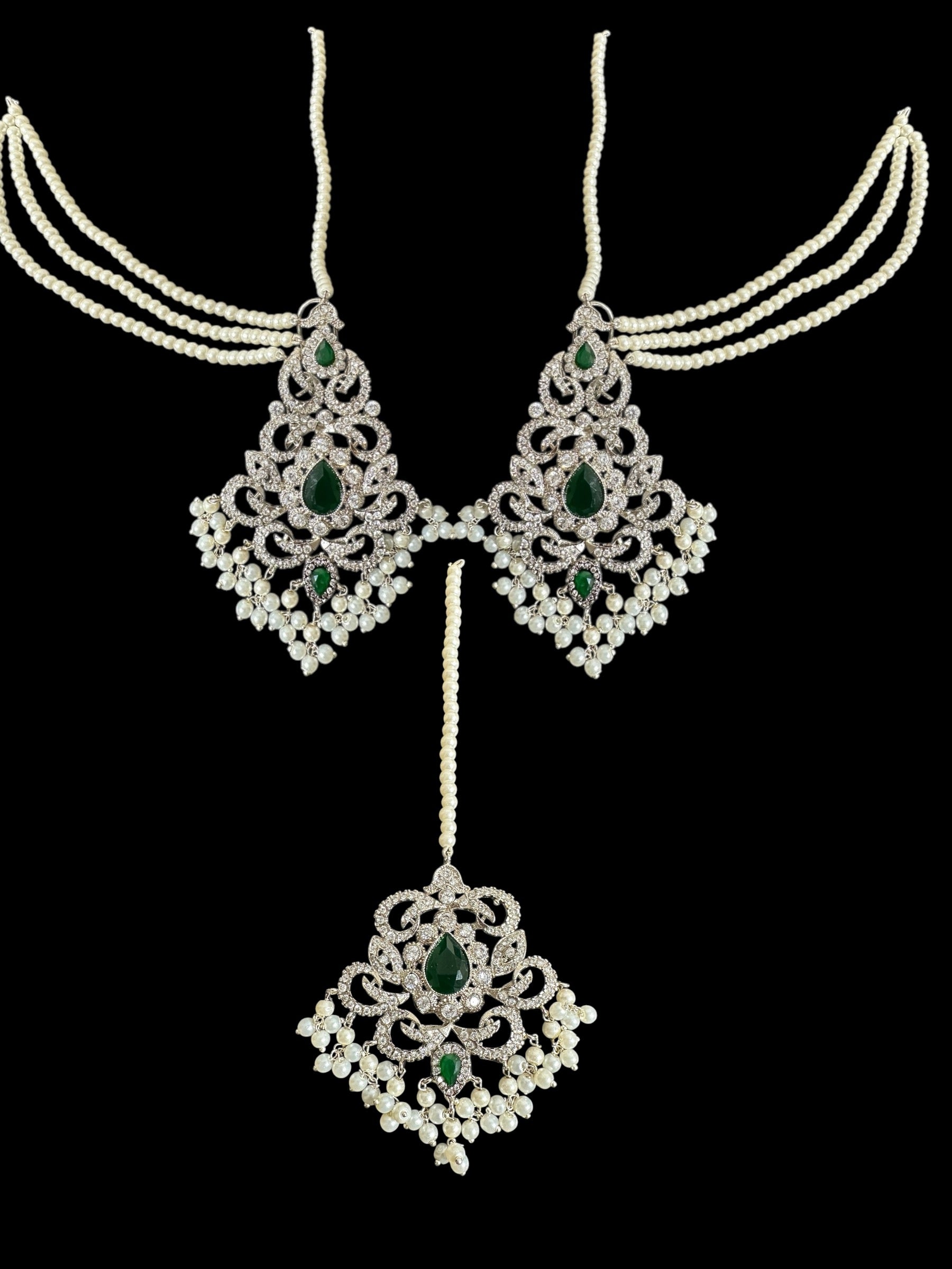 DJET75 Raaga zircon earring tika set in green with silver plating ( SHIPS IN 4 WEEKS )